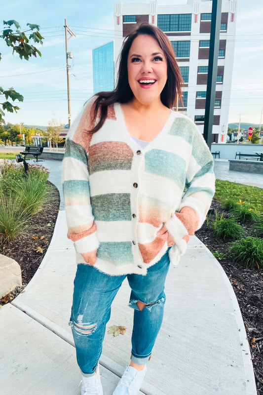 Ivory Striped Button Down Fuzzy Knit Cardigan