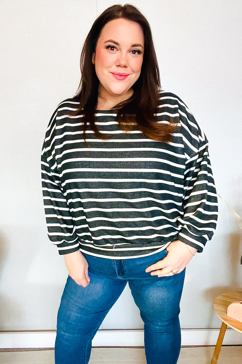 Look Striking Charcoal Stripe Terry Banded Dolman Pullover