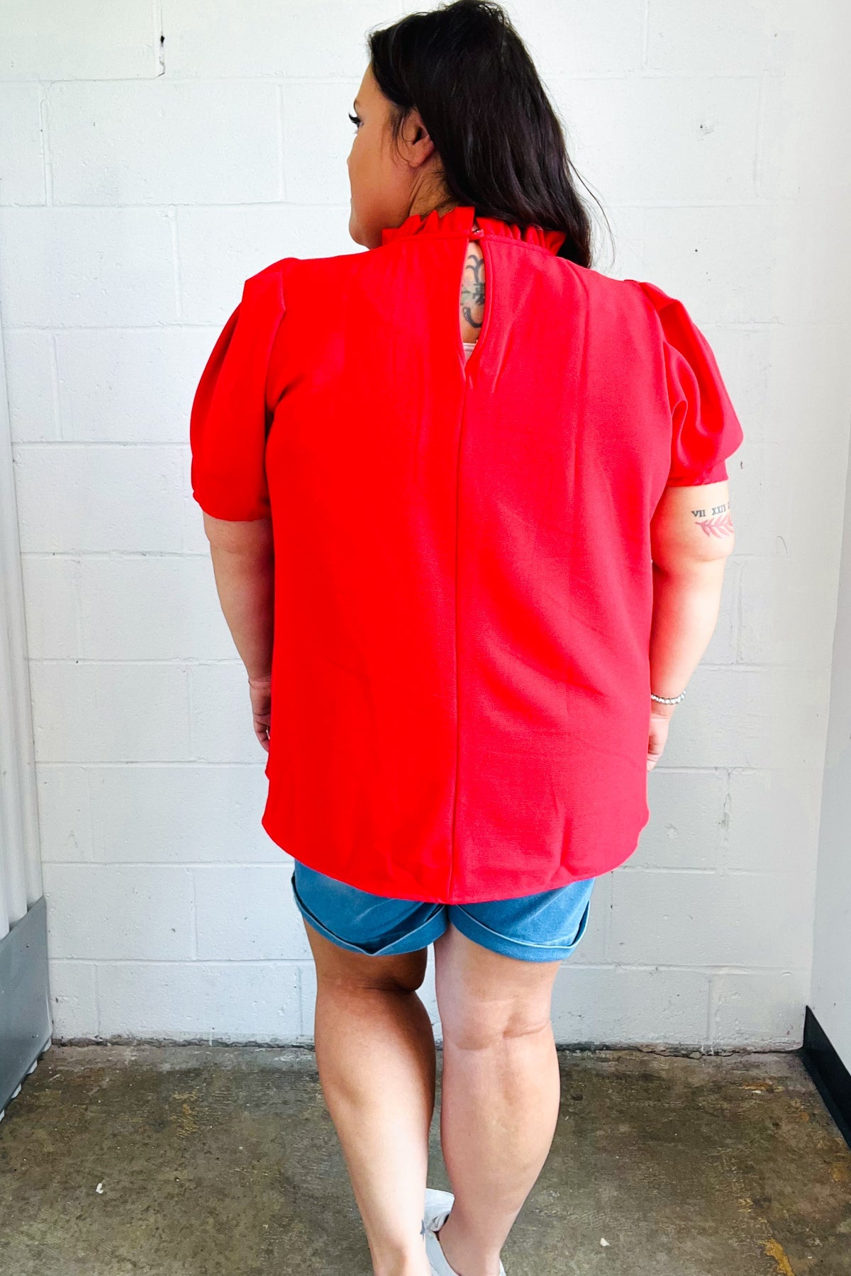 Simply Patriotic Red Frill Mock Neck Woven Top