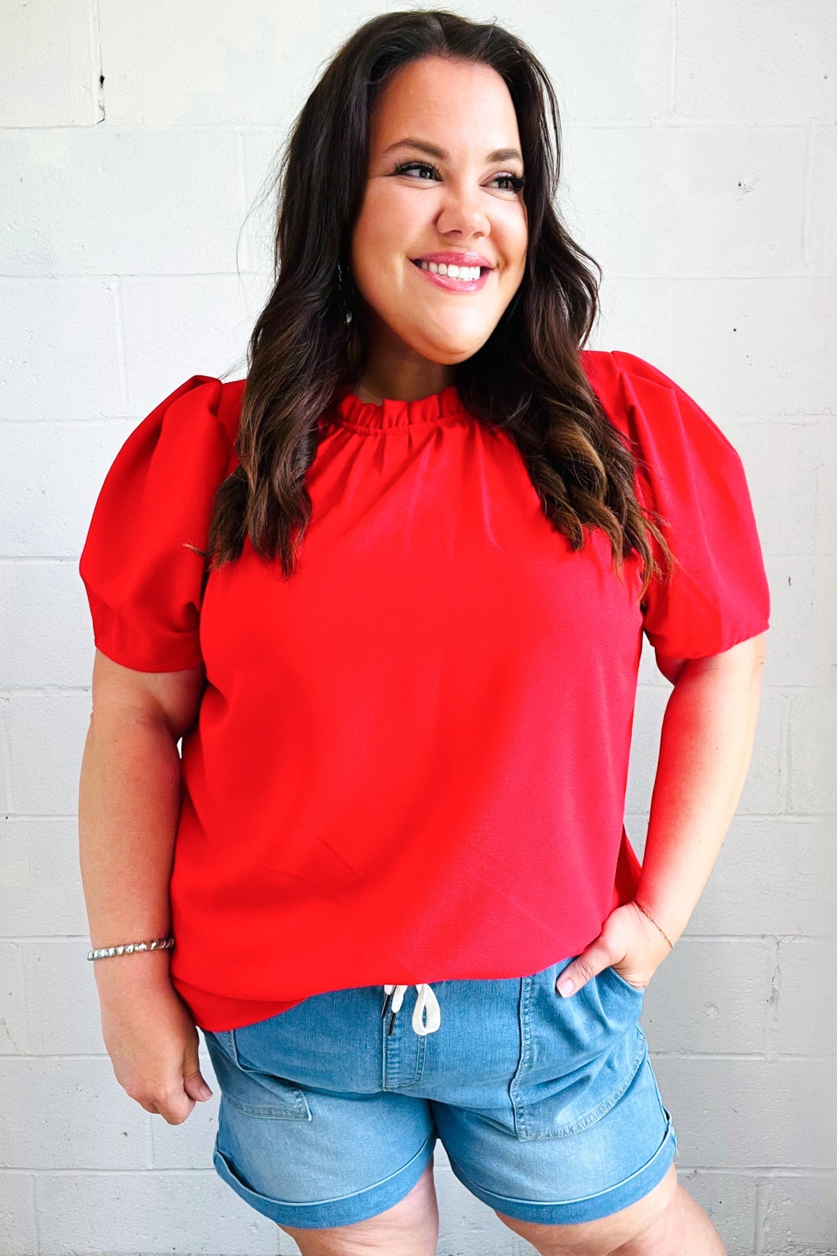 Simply Patriotic Red Frill Mock Neck Woven Top