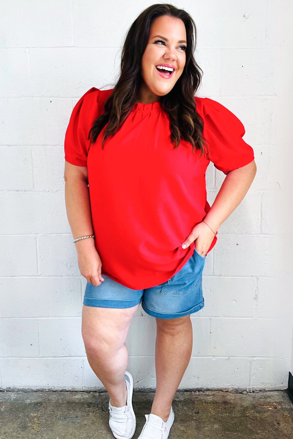 Simply Patriotic Red Frill Mock Neck Woven Top