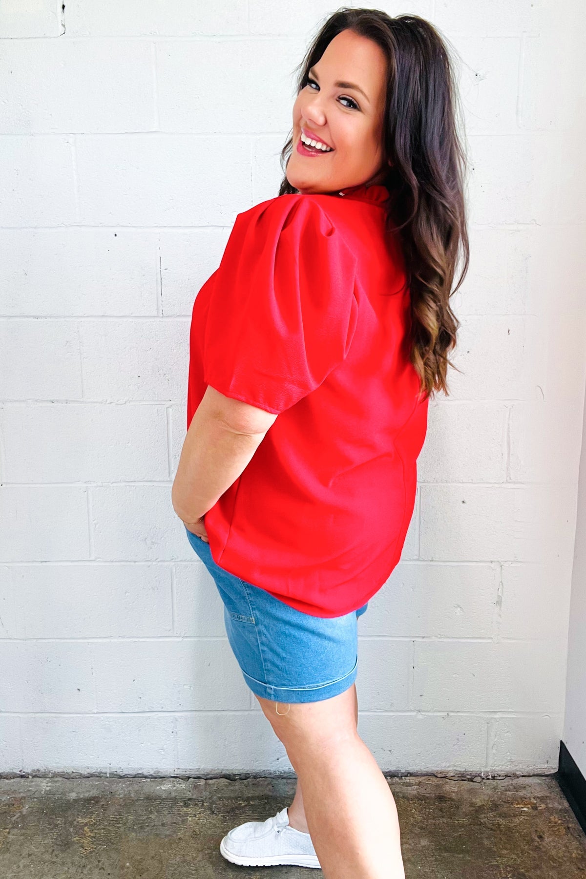 Simply Patriotic Red Frill Mock Neck Woven Top