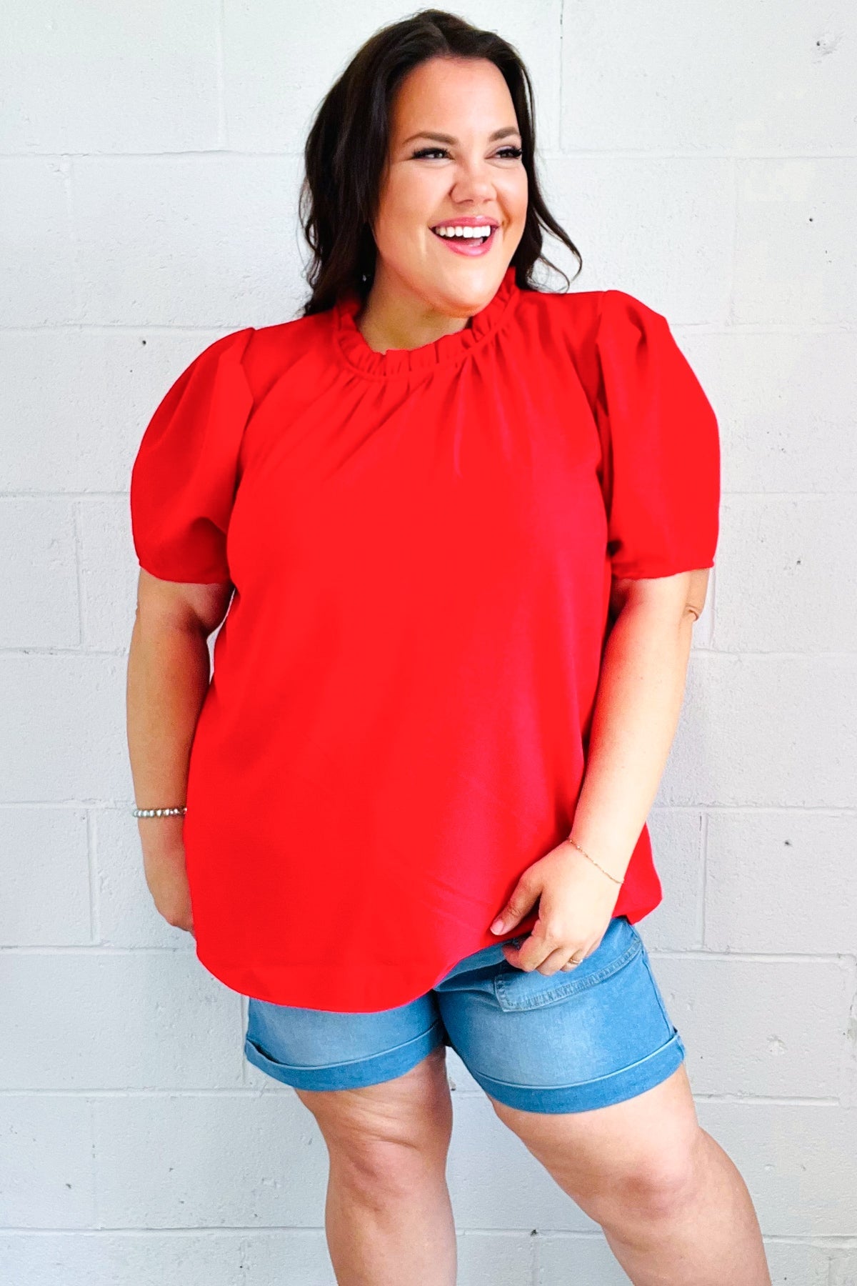 Simply Patriotic Red Frill Mock Neck Woven Top