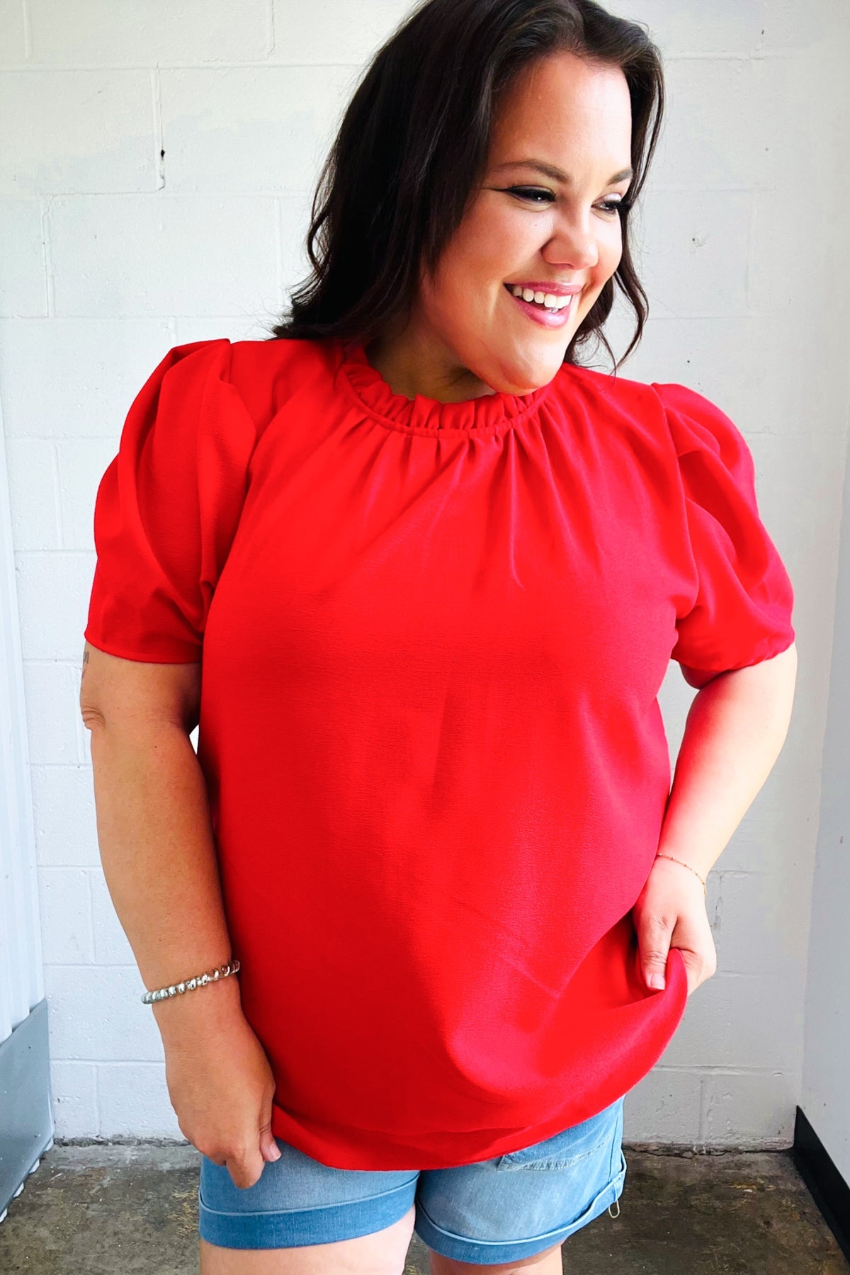 Simply Patriotic Red Frill Mock Neck Woven Top