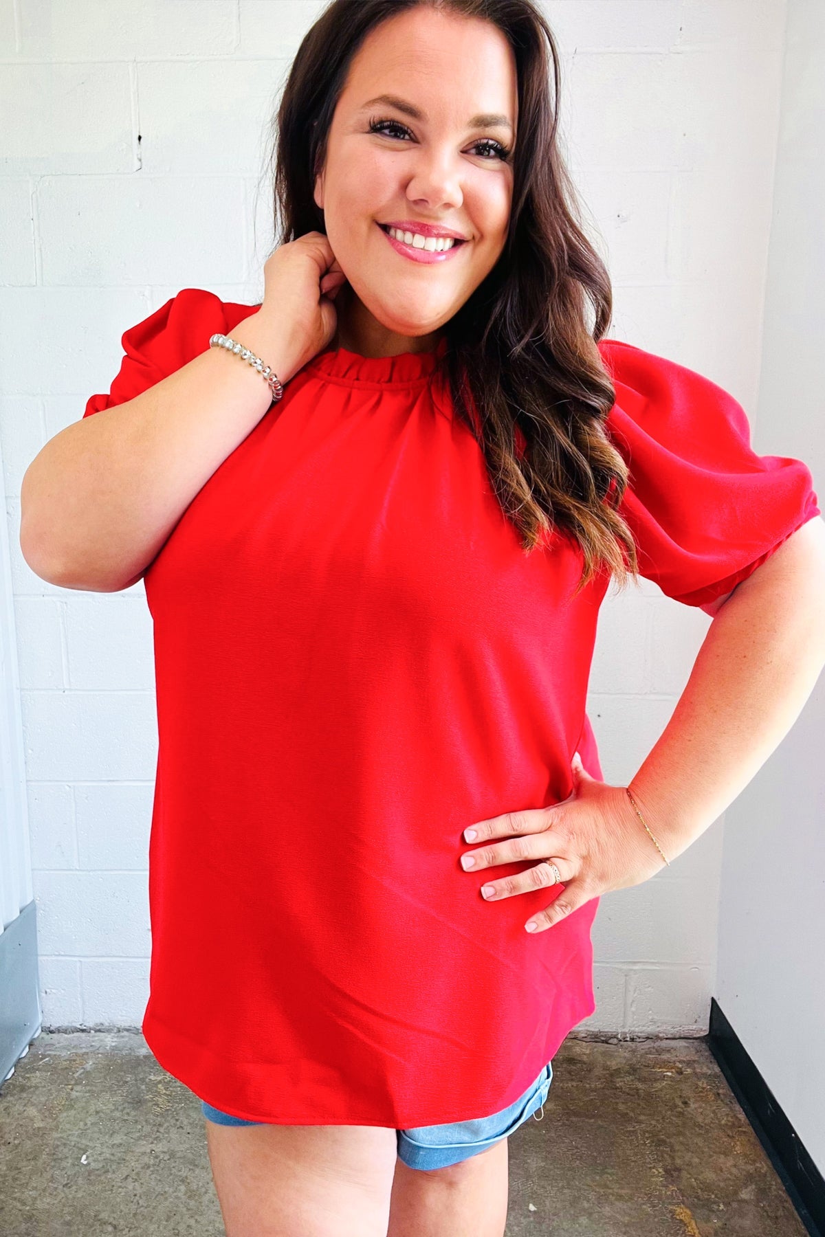 Simply Patriotic Red Frill Mock Neck Woven Top