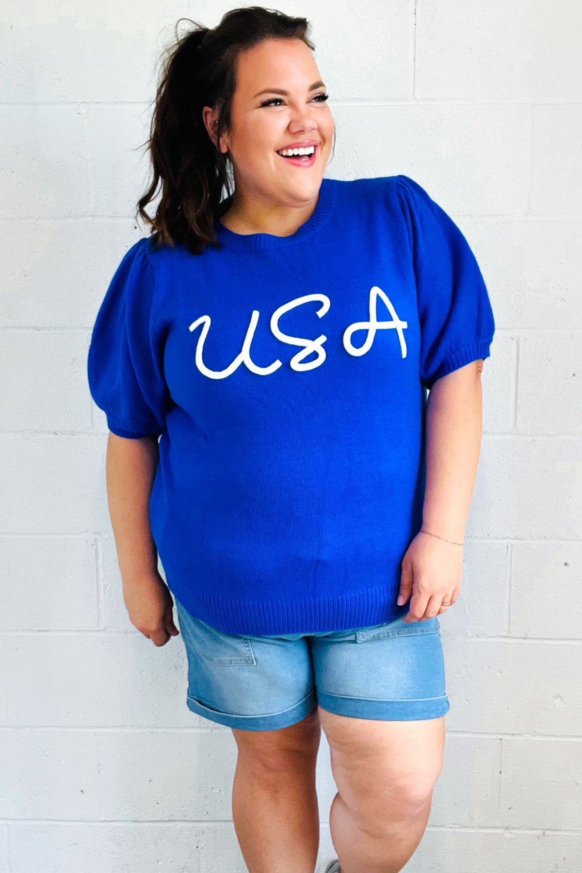 USA Blue Knit Embroidery Puff Sleeve Sweater Top