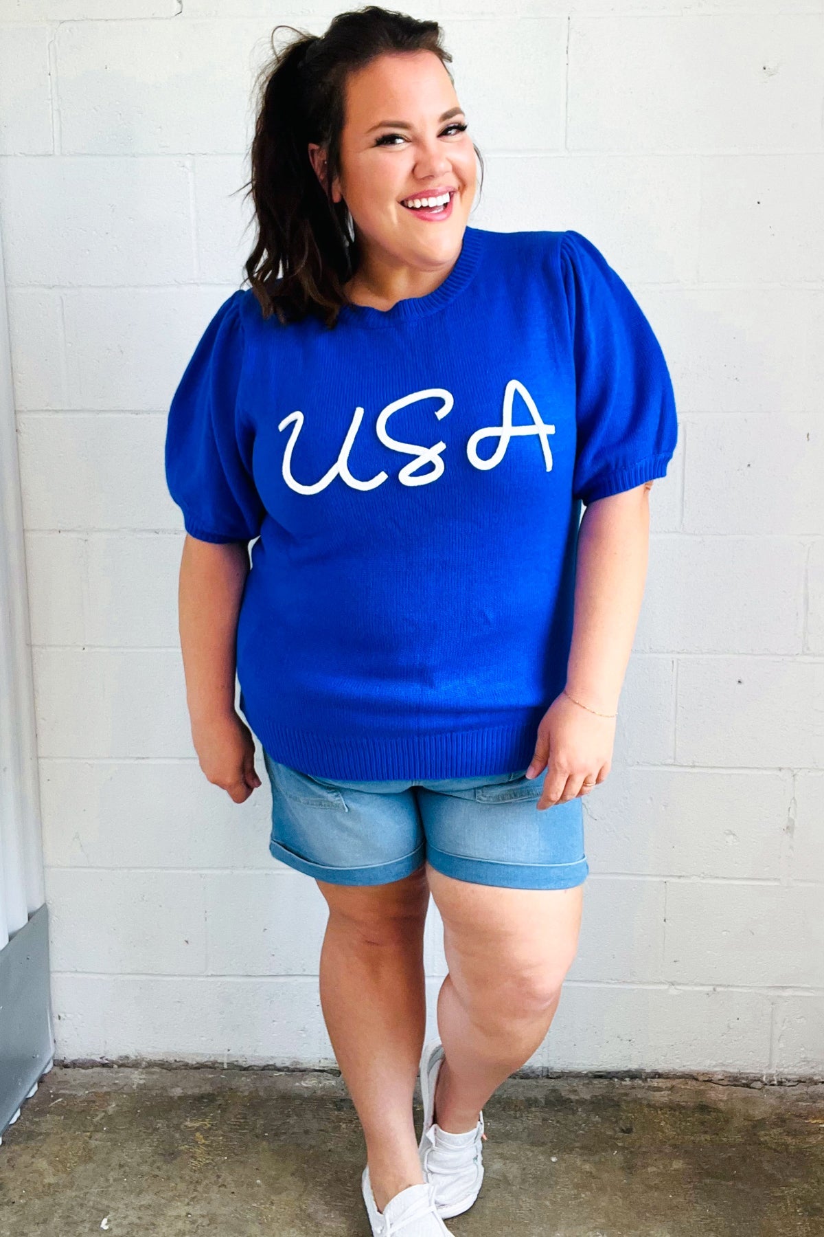 USA Blue Knit Embroidery Puff Sleeve Sweater Top