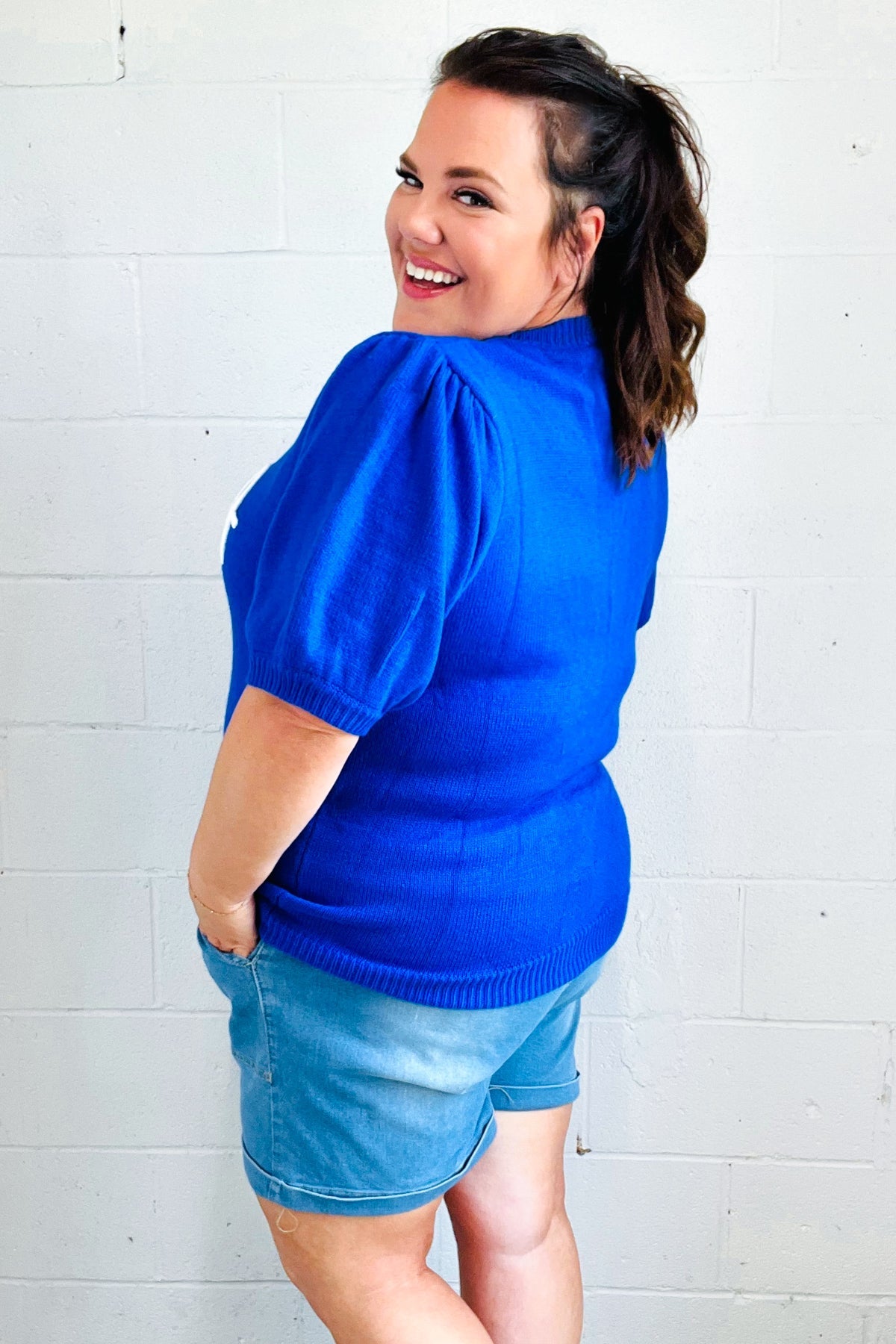 USA Blue Knit Embroidery Puff Sleeve Sweater Top