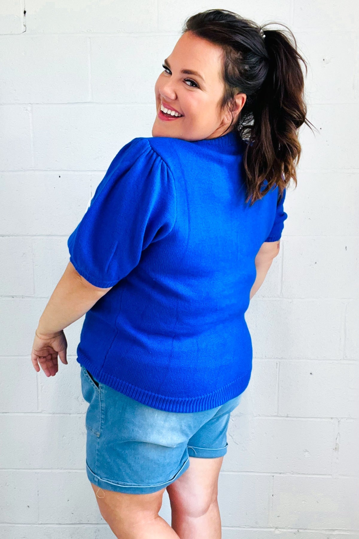 USA Blue Knit Embroidery Puff Sleeve Sweater Top