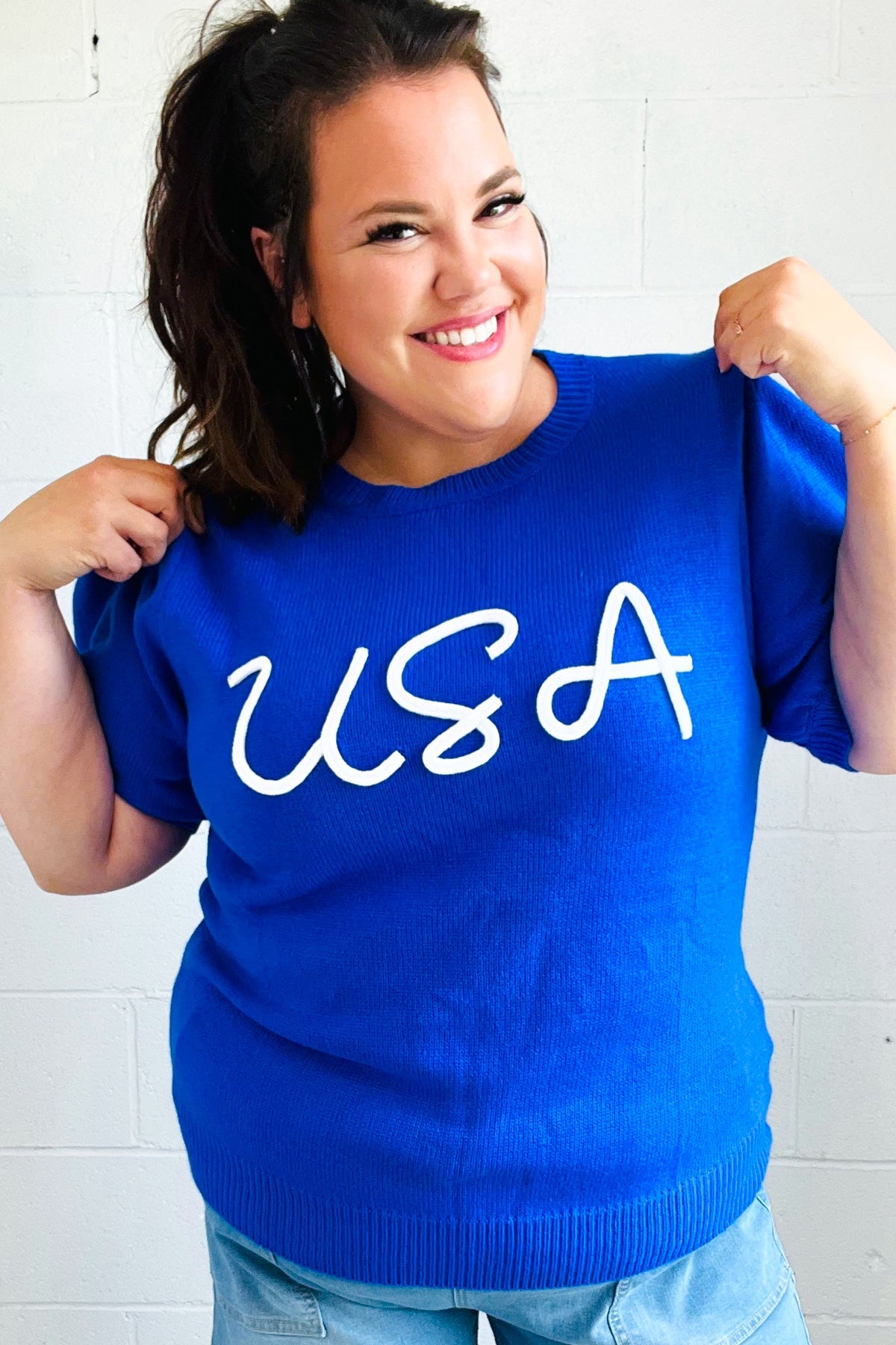 USA Blue Knit Embroidery Puff Sleeve Sweater Top