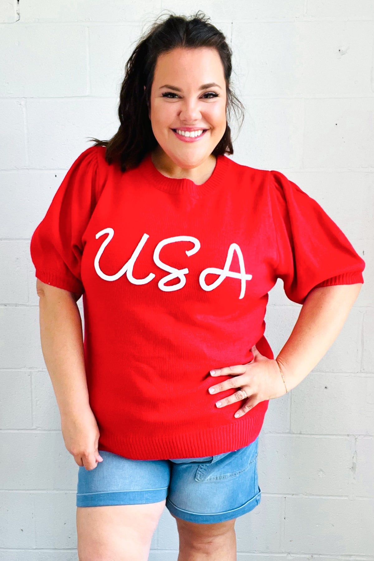 USA Red Knit Embroidery Puff Sleeve Sweater Top