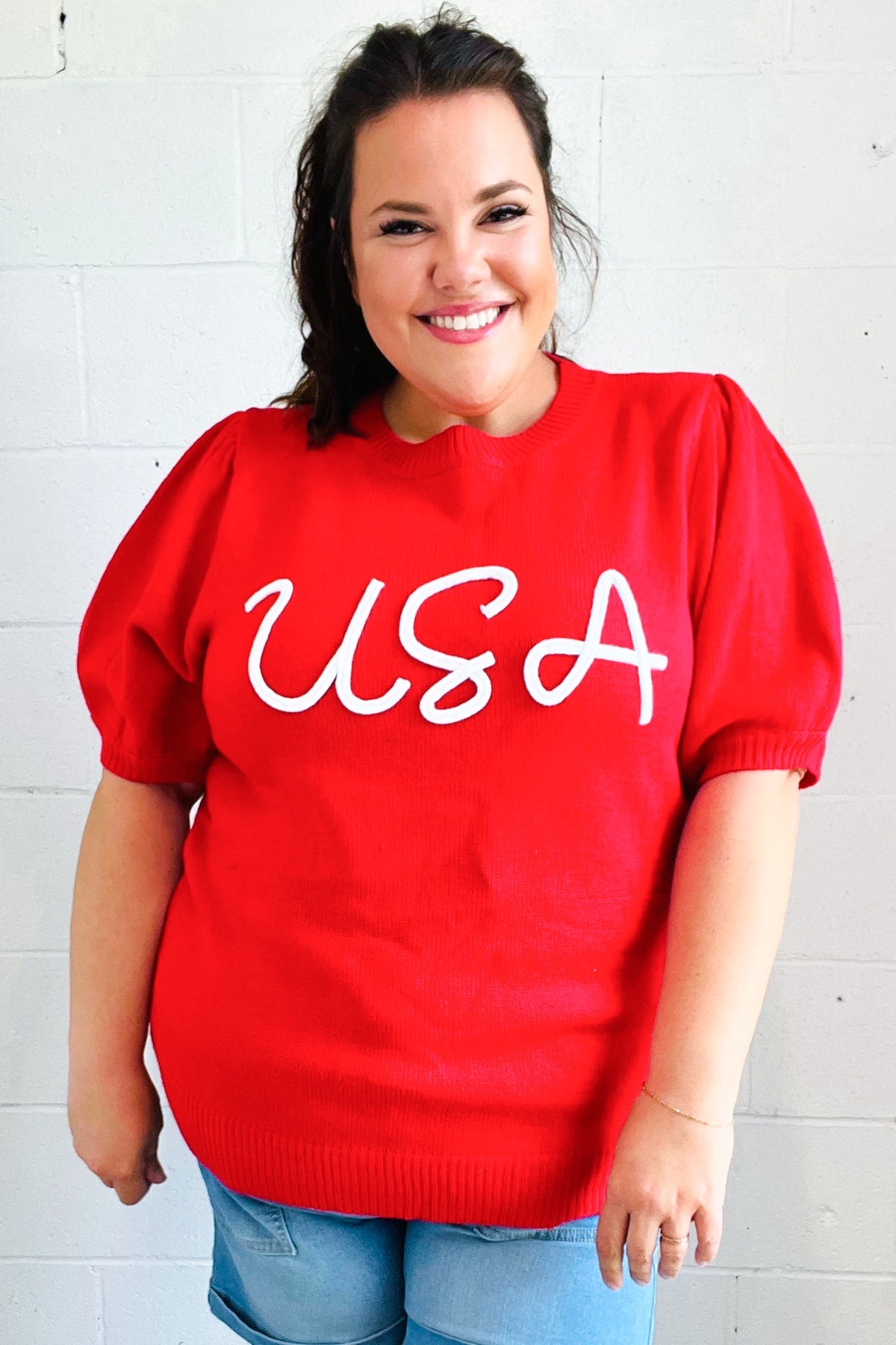 USA Red Knit Embroidery Puff Sleeve Sweater Top