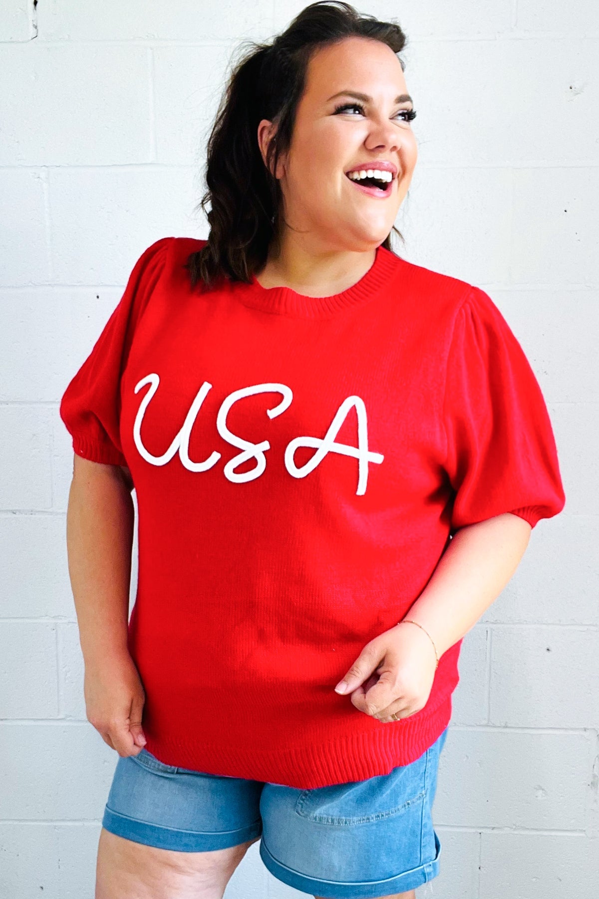 USA Red Knit Embroidery Puff Sleeve Sweater Top