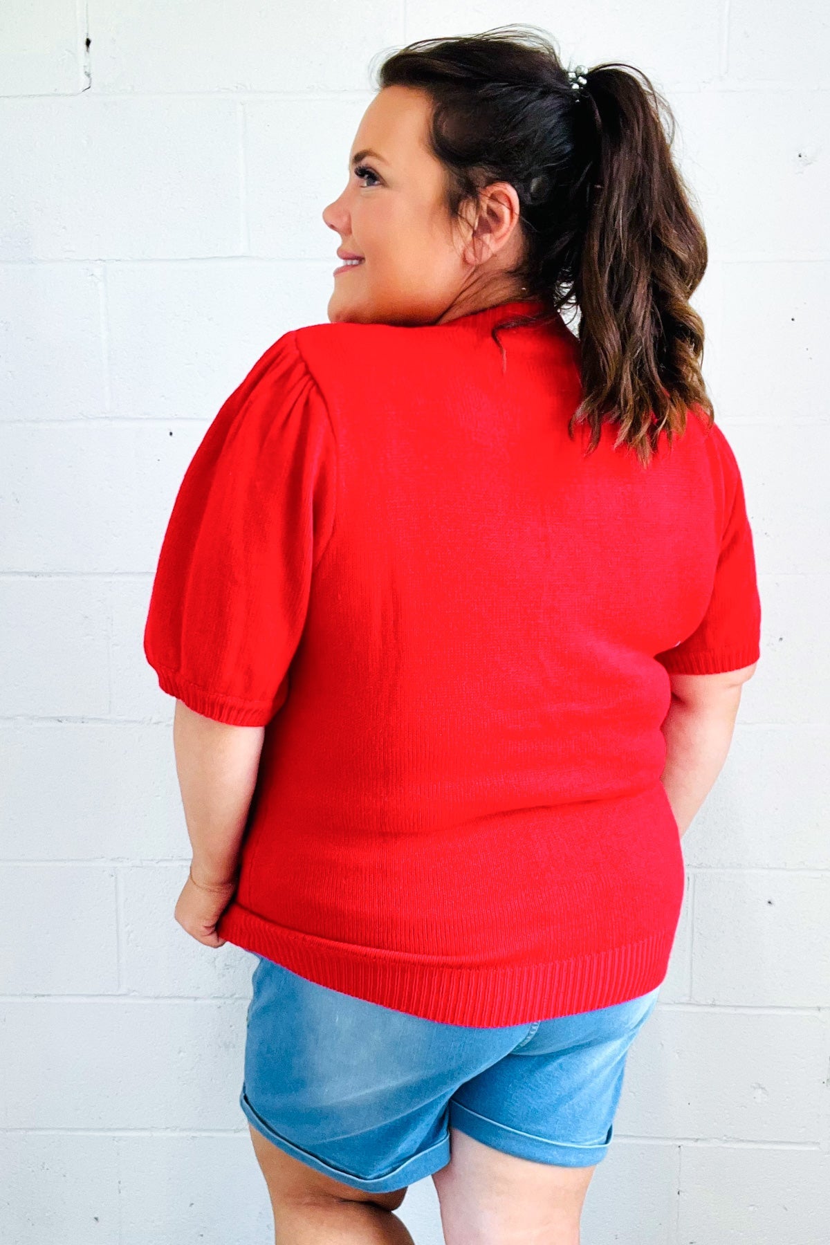 USA Red Knit Embroidery Puff Sleeve Sweater Top