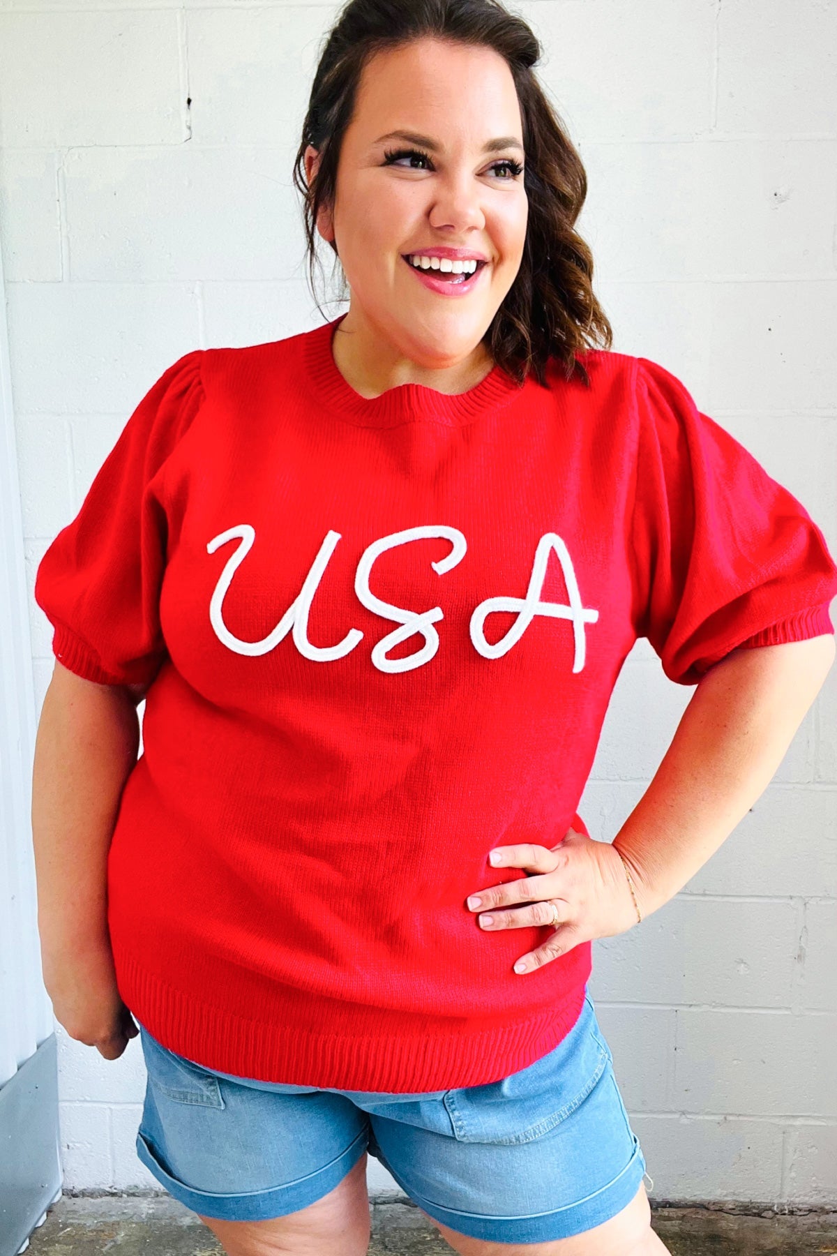 USA Red Knit Embroidery Puff Sleeve Sweater Top