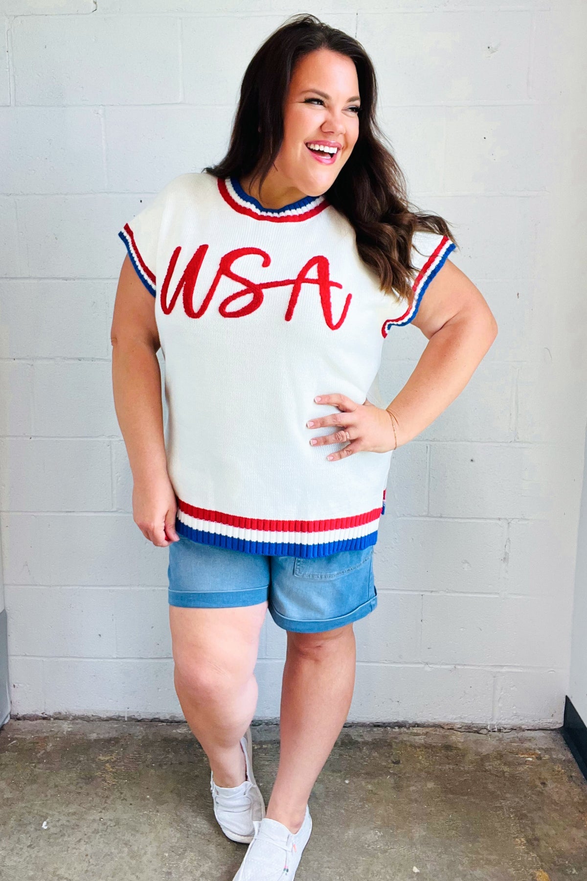 USA White Knit Embroidery Dolman Sweater Top