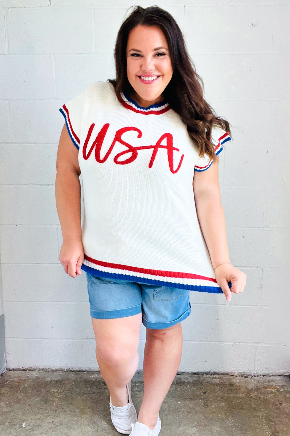 USA White Knit Embroidery Dolman Sweater Top