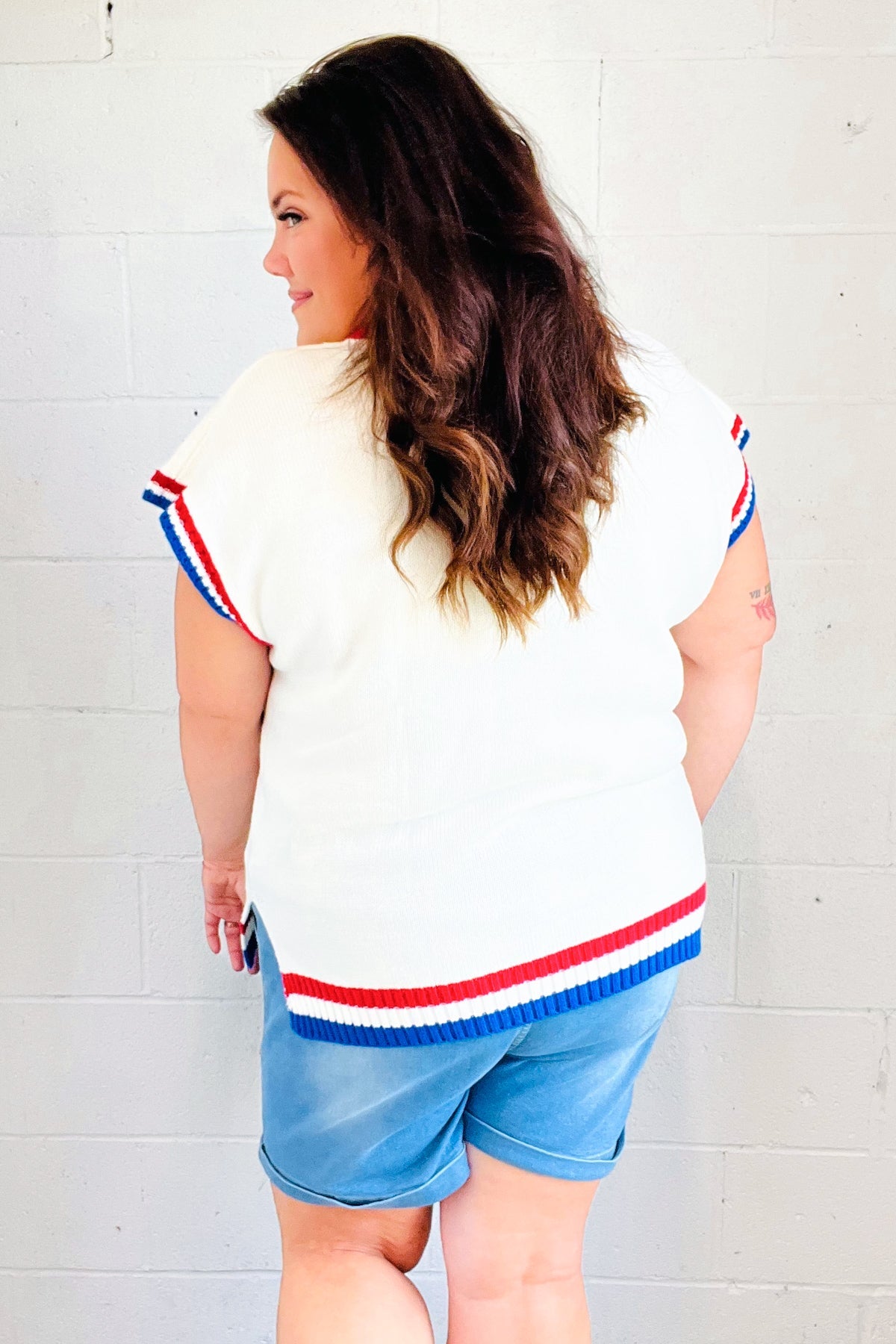 USA White Knit Embroidery Dolman Sweater Top