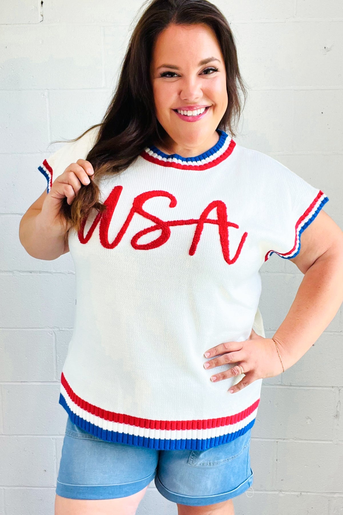 USA White Knit Embroidery Dolman Sweater Top