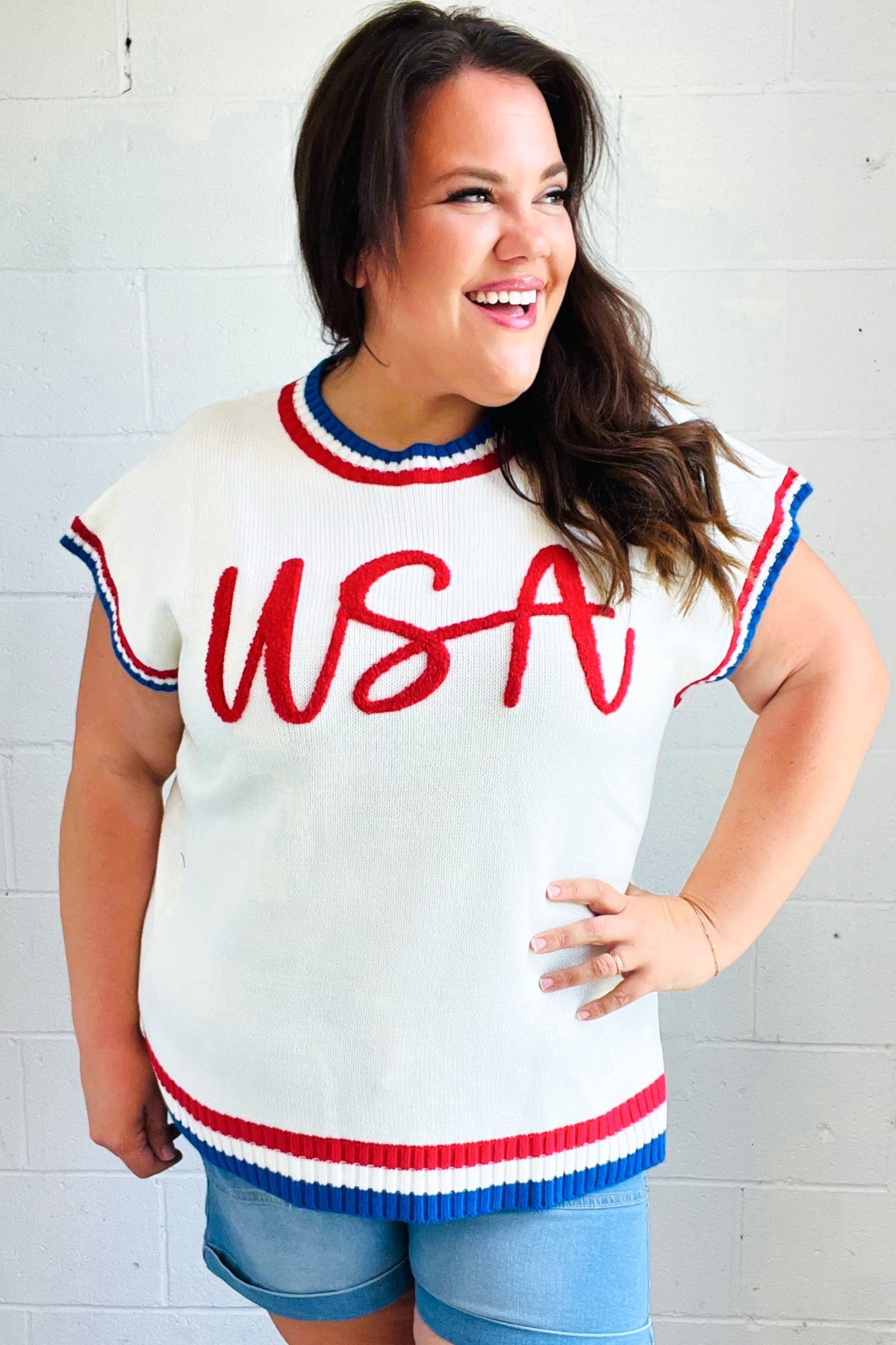 USA White Knit Embroidery Dolman Sweater Top