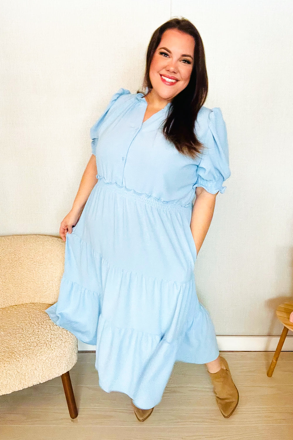 Follow Me Aqua Frill Notch Neck Shirred Waist Tiered Maxi Dress