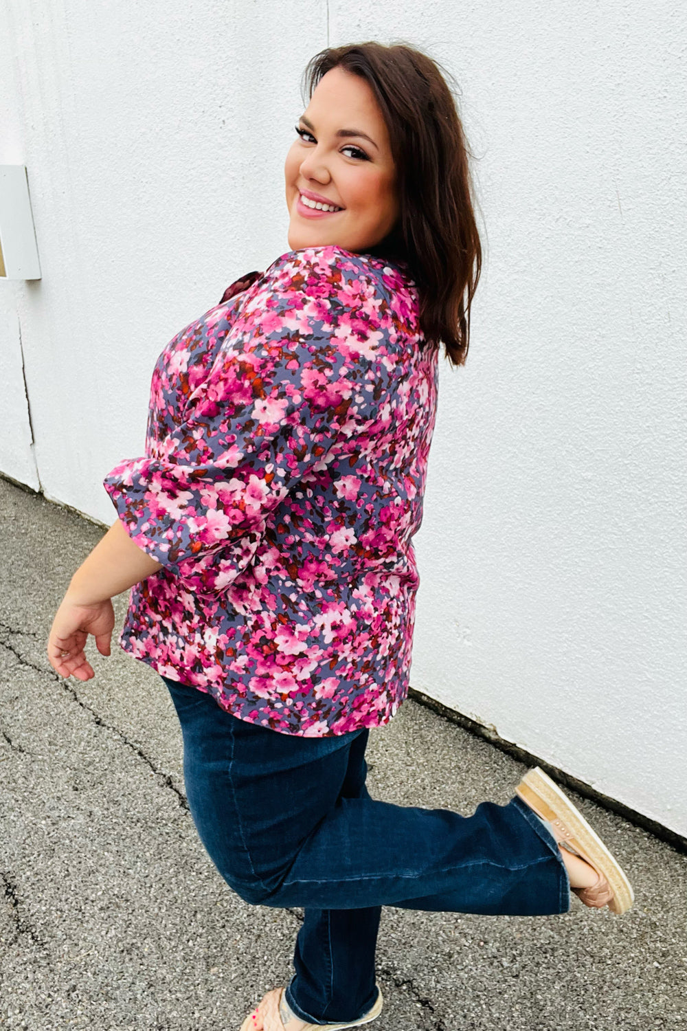 Purple Floral Print V Neck Woven Top
