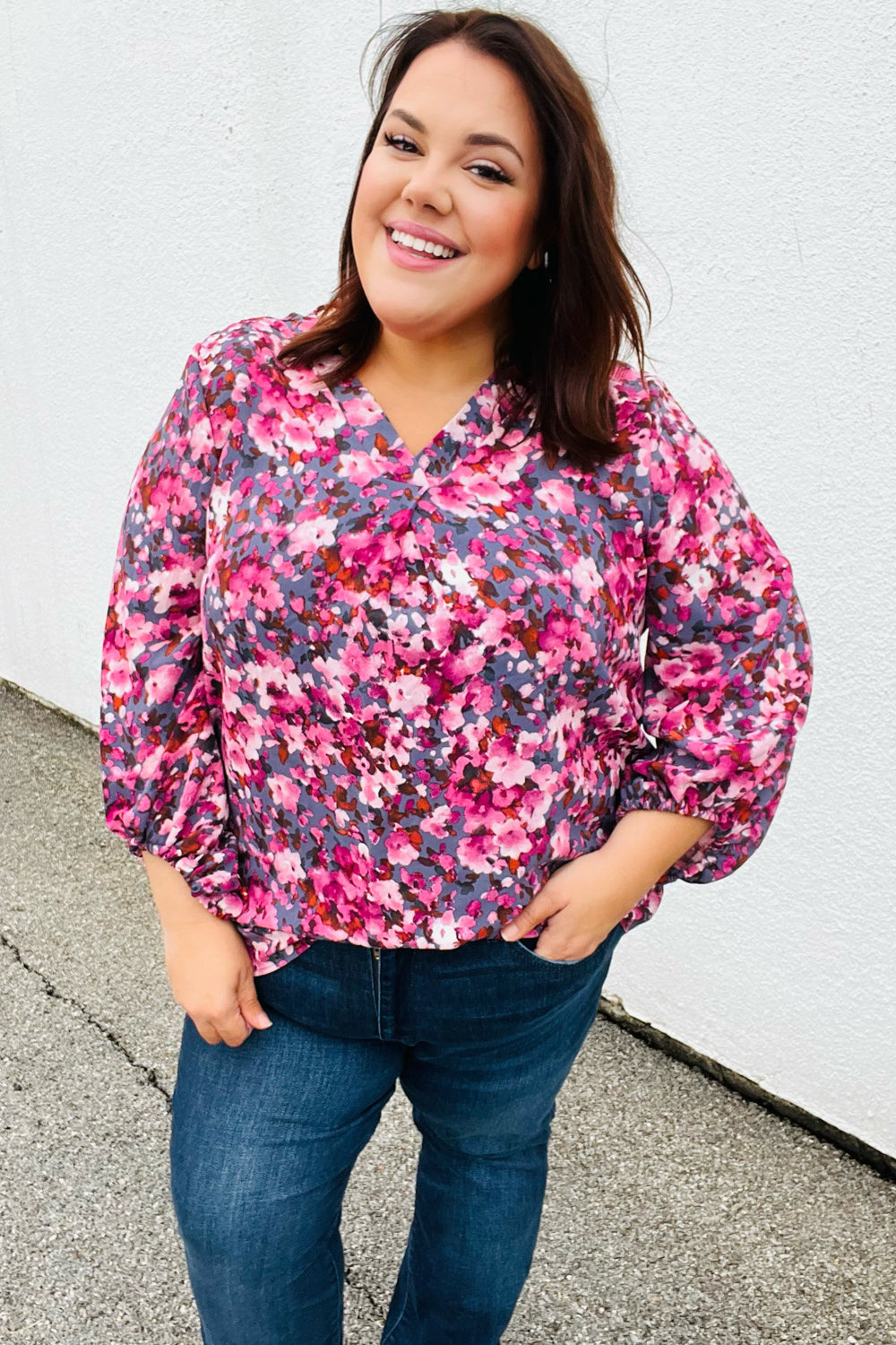 Purple Floral Print V Neck Woven Top