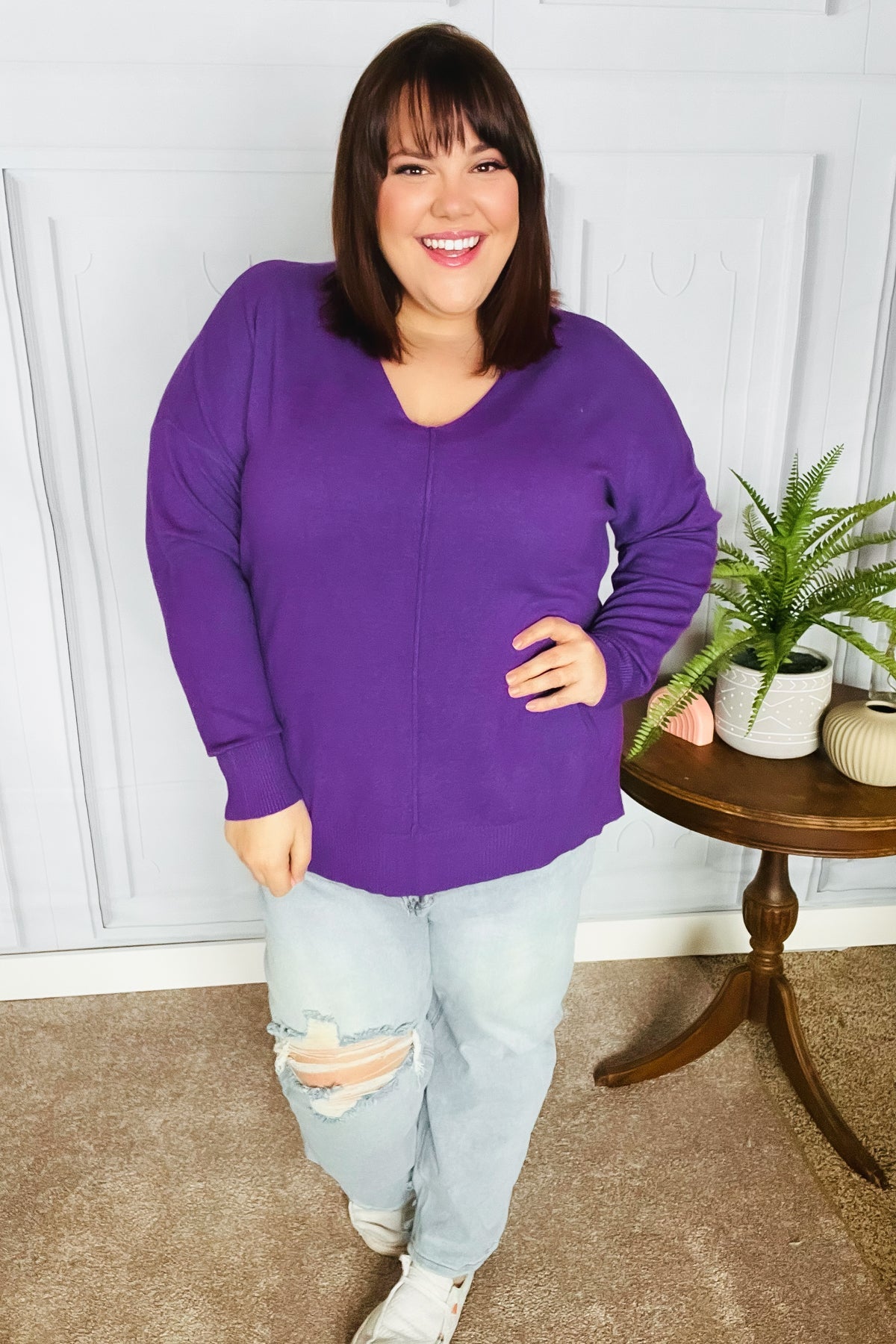 Just Feels Right Purple Front Seam V Neck Sweater