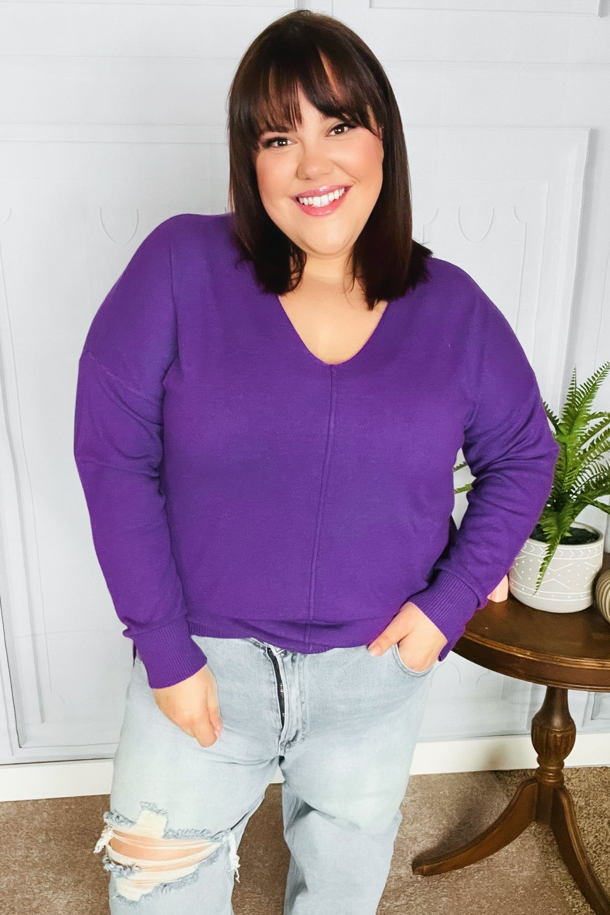 Just Feels Right Purple Front Seam V Neck Sweater