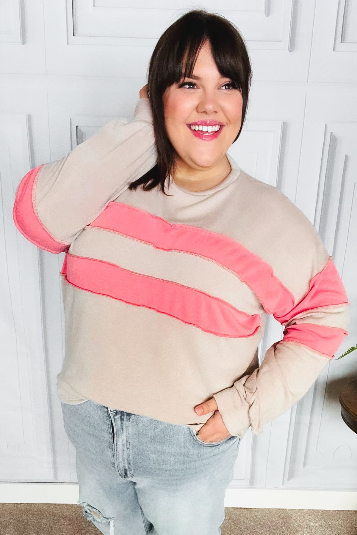 Rally Day Taupe & Coral Game Day Stripe Outseam Terry Top