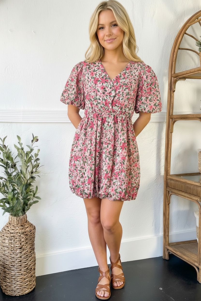 Freshly Picked Pink Florals Cotton Bubble Dress