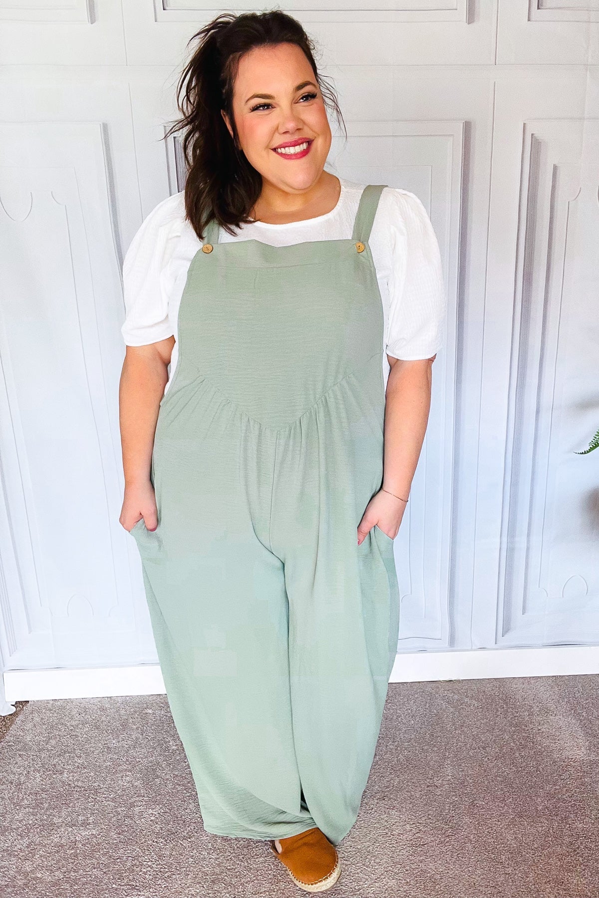 Move On Over Sage Wide Leg Suspender Overall Jumpsuit