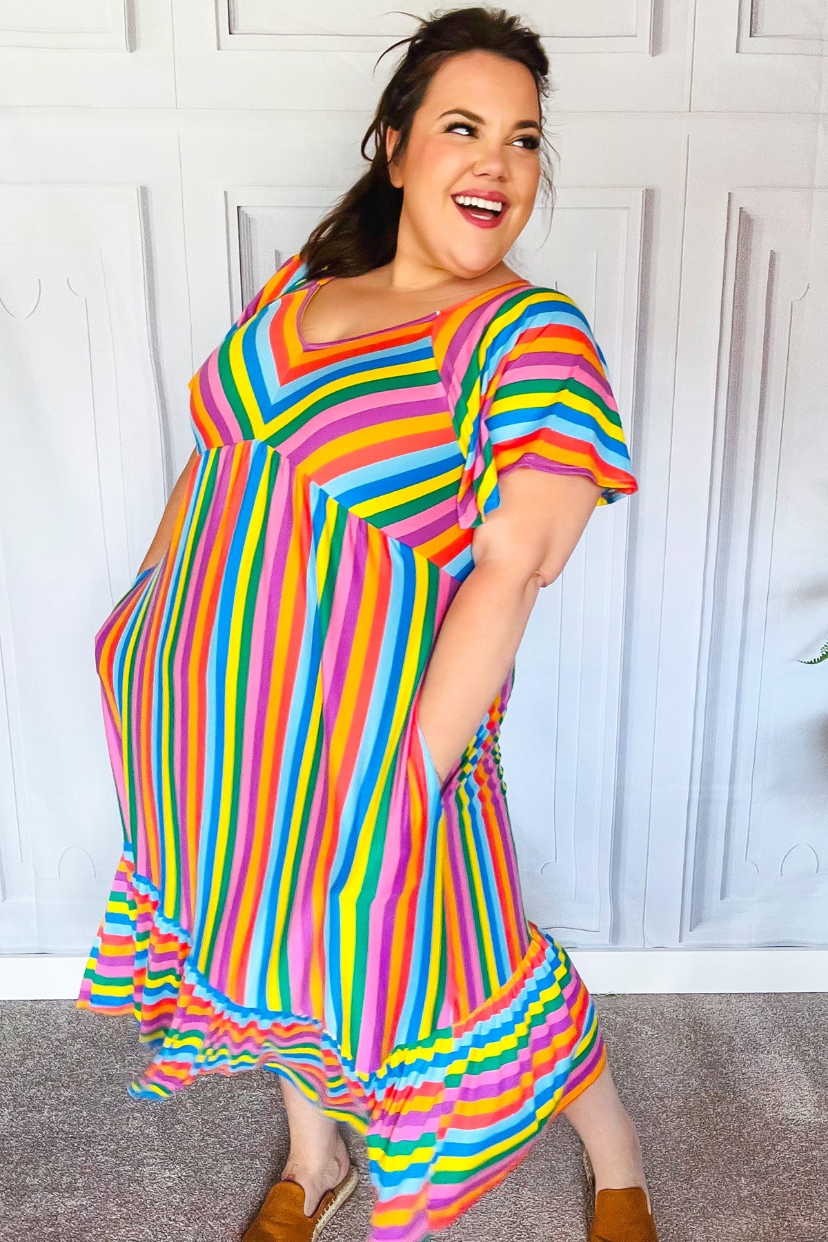 Bright Thoughts Rainbow Stripe Flutter Sleeve Fit & Flare Maxi Dress