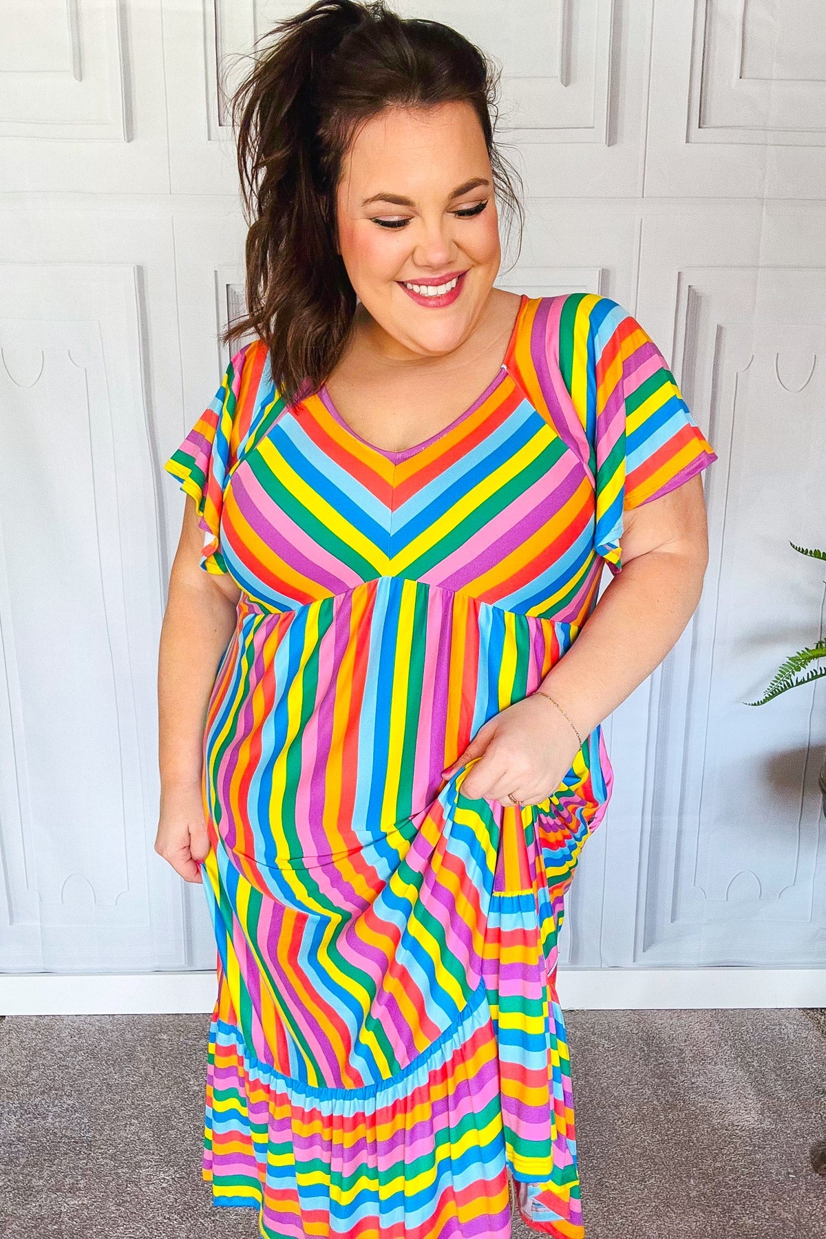 Bright Thoughts Rainbow Stripe Flutter Sleeve Fit & Flare Maxi Dress