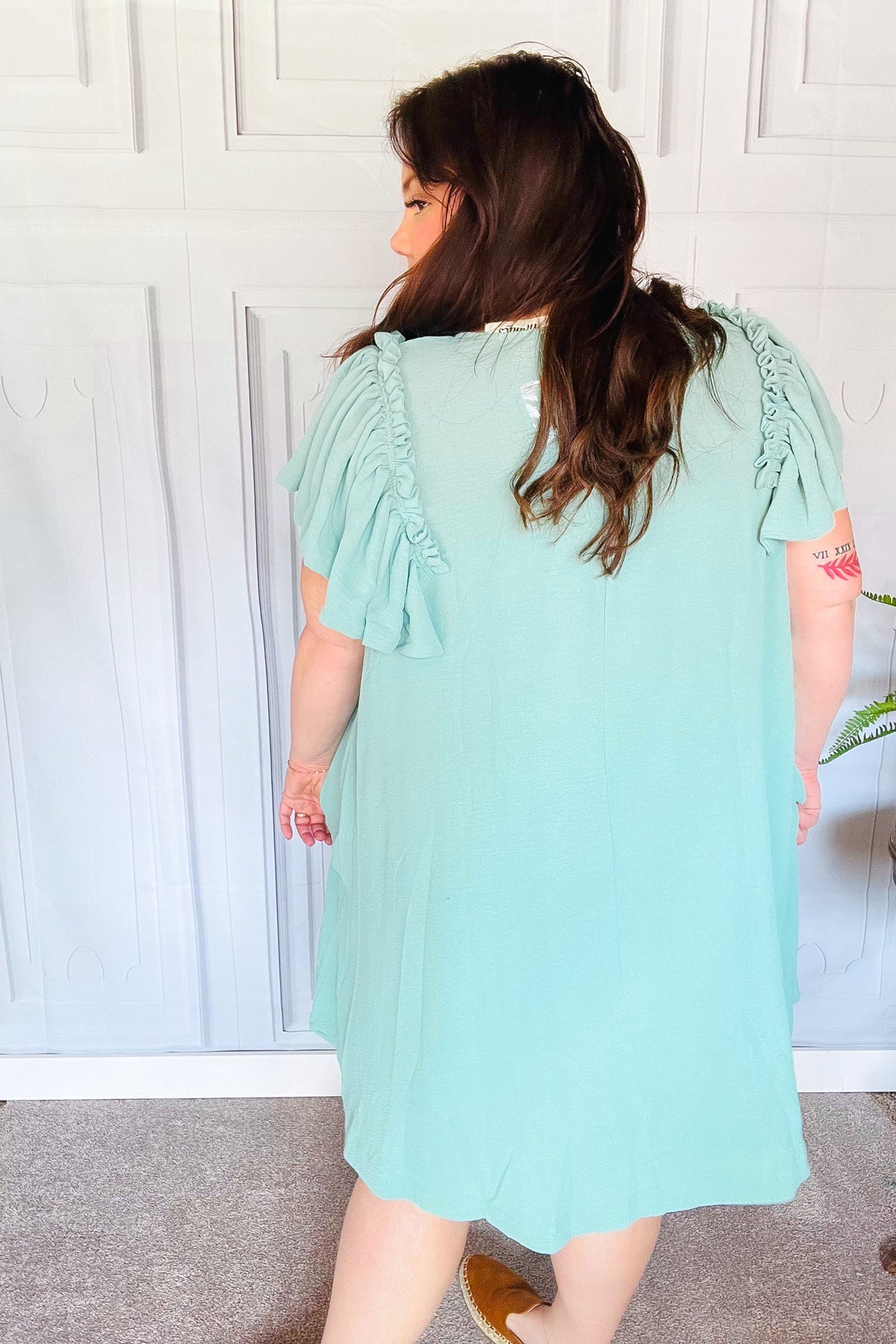 Out For The Day Sage Crinkle Woven Ruffle Sleeve Dress