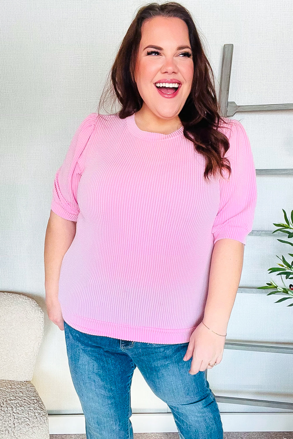 Pretty In Pink Puff Bubble Short Sleeve Wavy Rib Knit Top