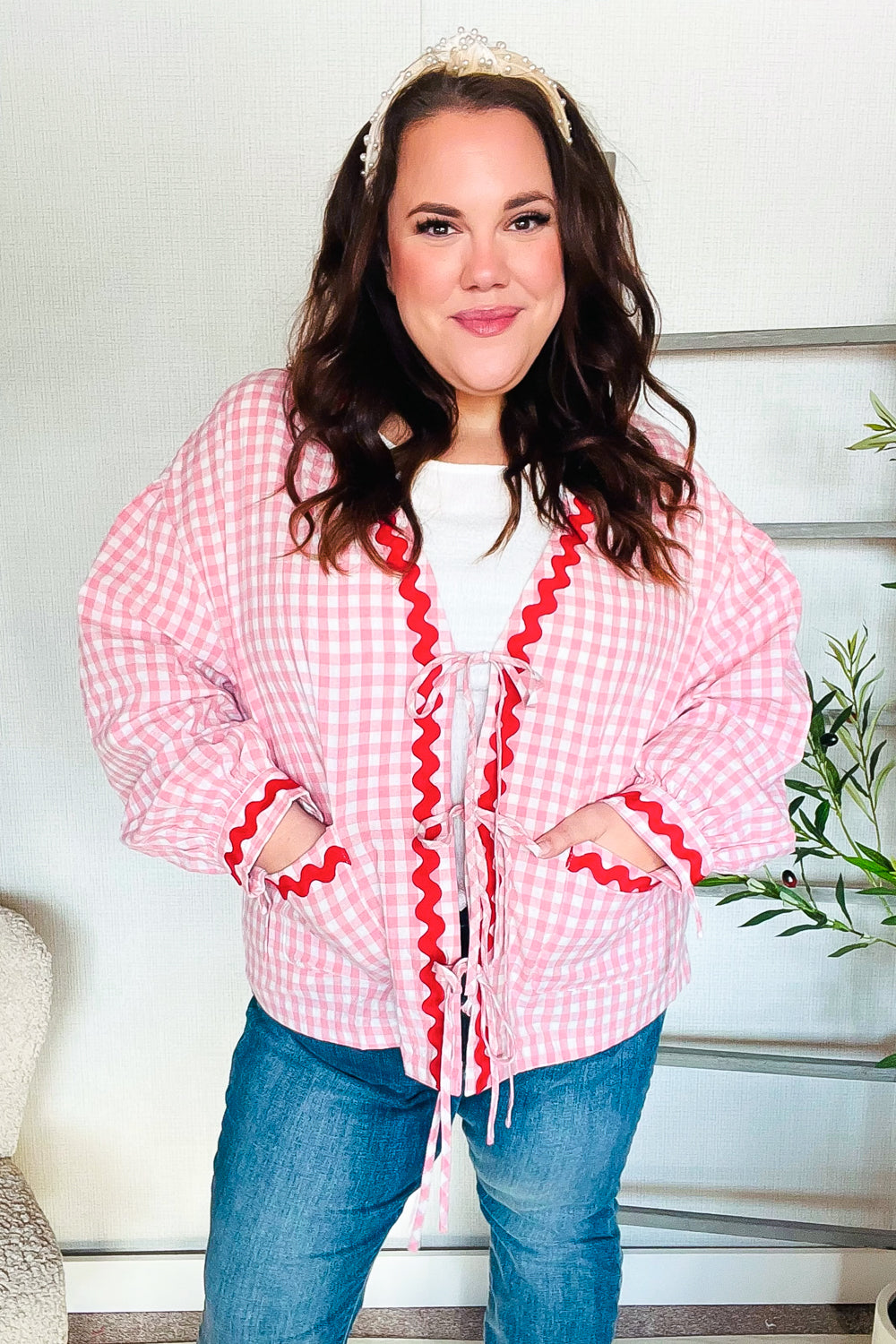 Spell Bound Red & Pink Cotton Ribbon Tie Gingham Pocket Jacket