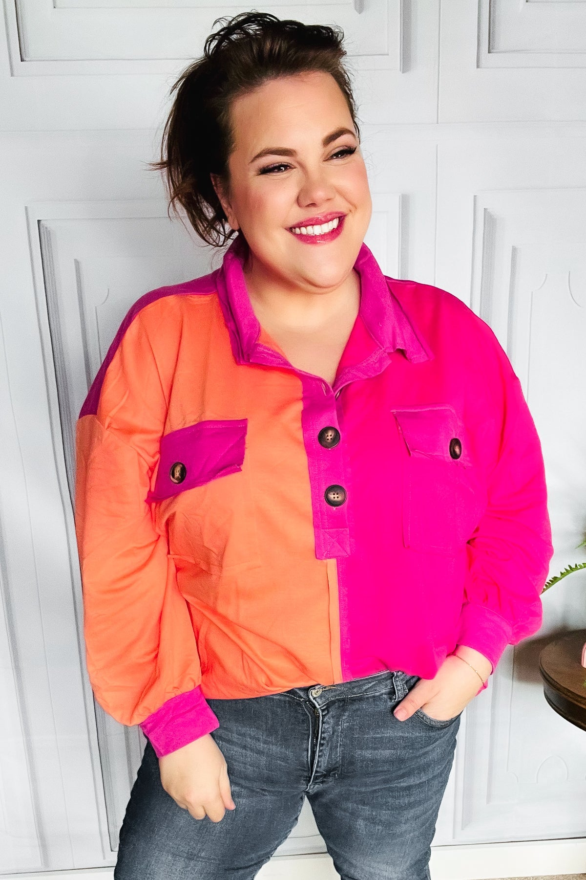 Feeling Bold Orange & Fuchsia Color Block Button Down Top