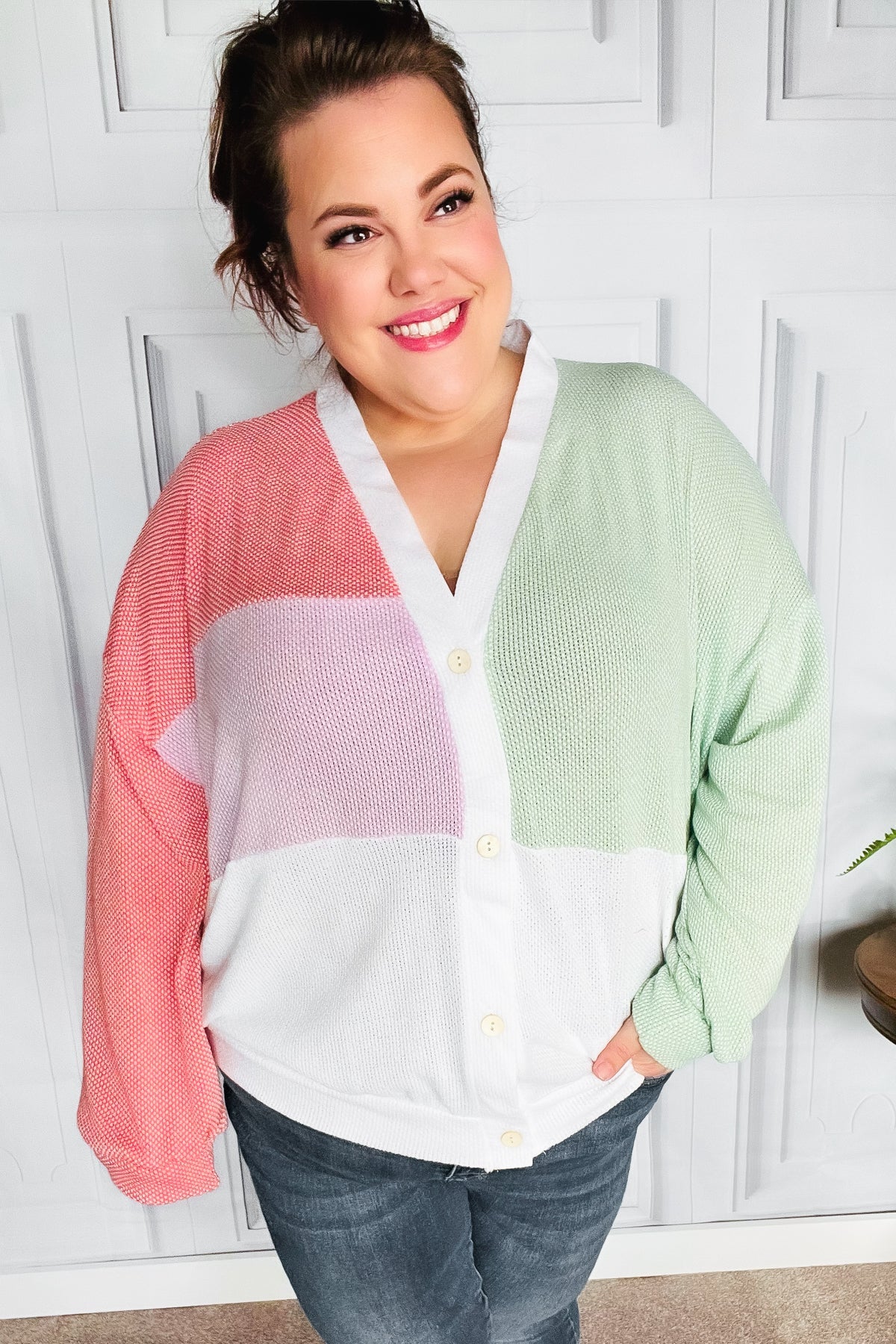 Cozy Up Coral & Sage Two Tone Jacquard Knit Color Block Cardigan