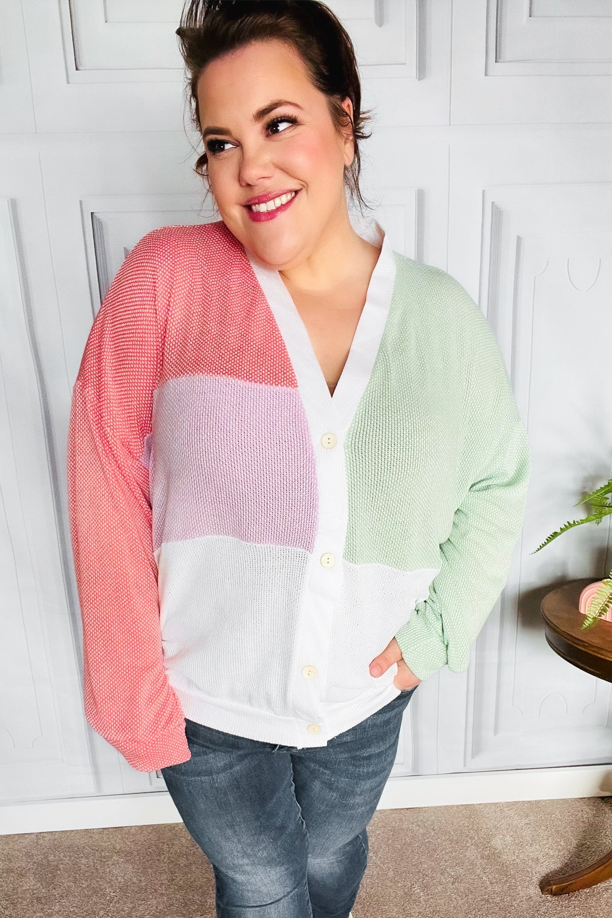 Cozy Up Coral & Sage Two Tone Jacquard Knit Color Block Cardigan