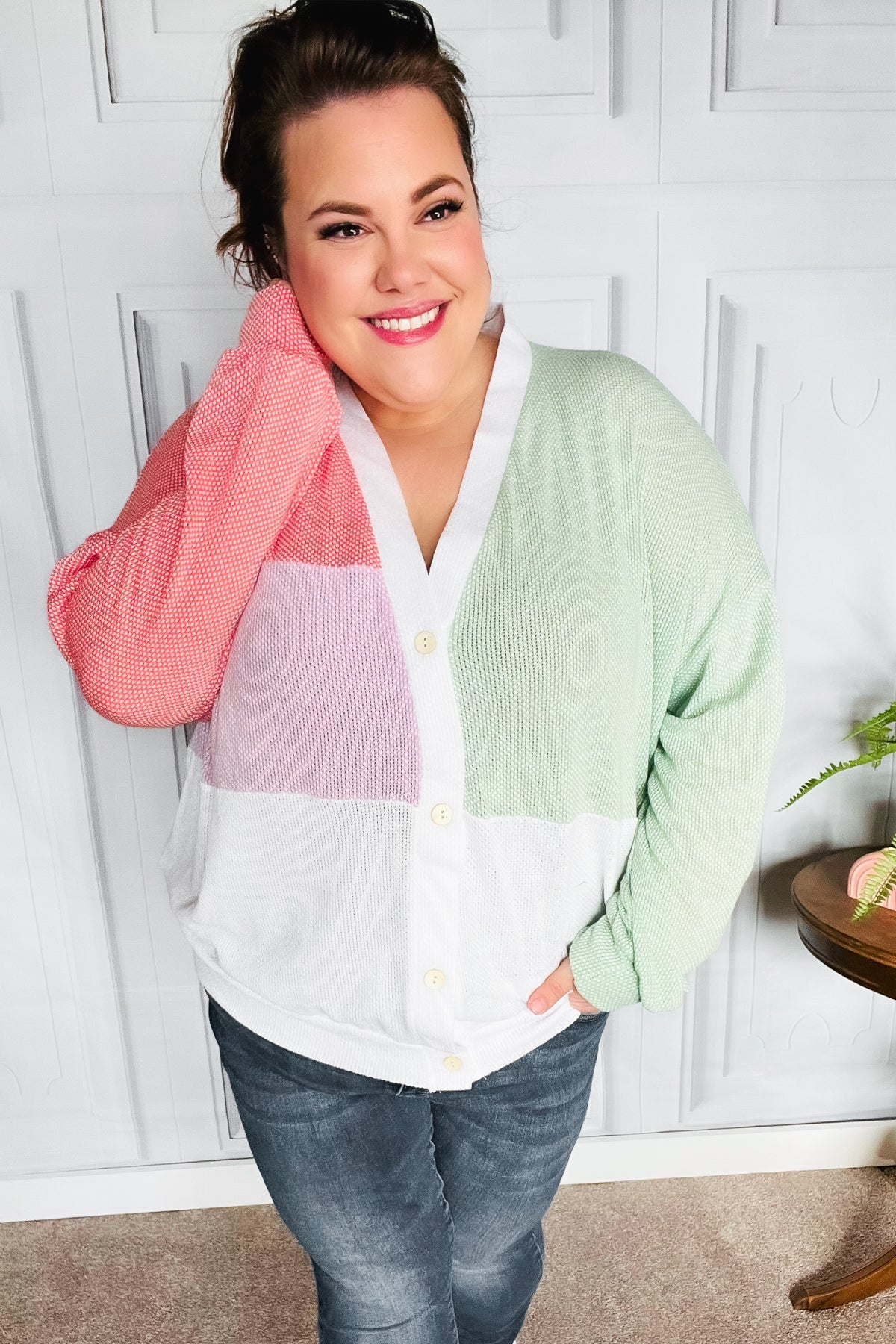Cozy Up Coral & Sage Two Tone Jacquard Knit Color Block Cardigan