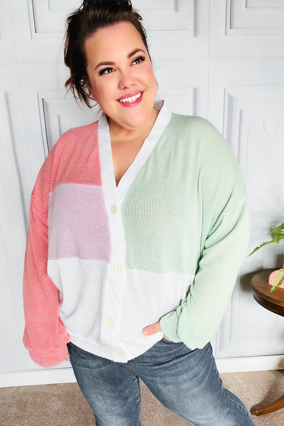 Cozy Up Coral & Sage Two Tone Jacquard Knit Color Block Cardigan