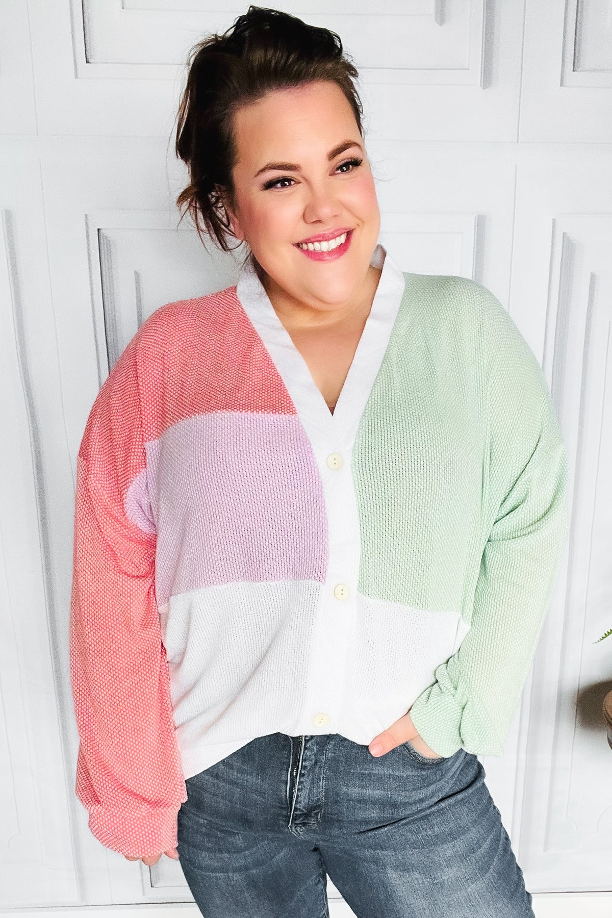 Cozy Up Coral & Sage Two Tone Jacquard Knit Color Block Cardigan