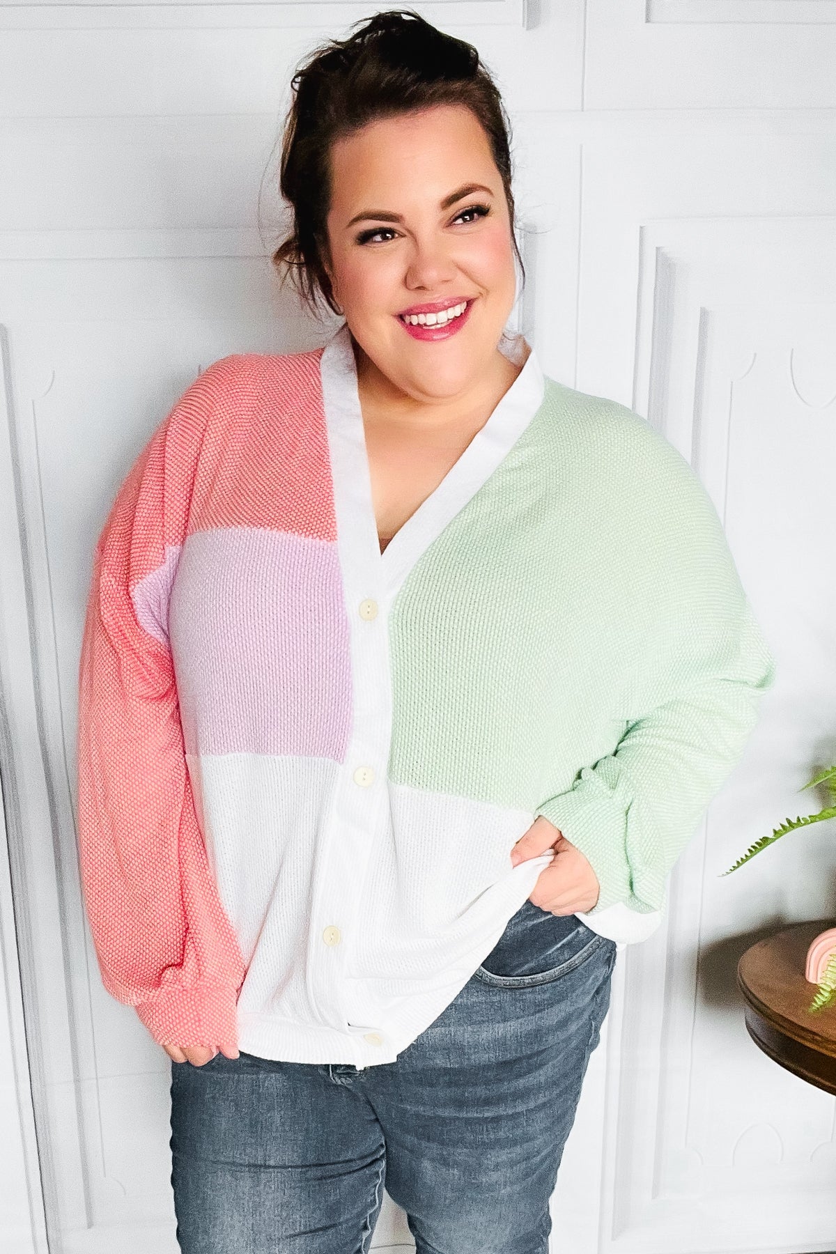 Cozy Up Coral & Sage Two Tone Jacquard Knit Color Block Cardigan