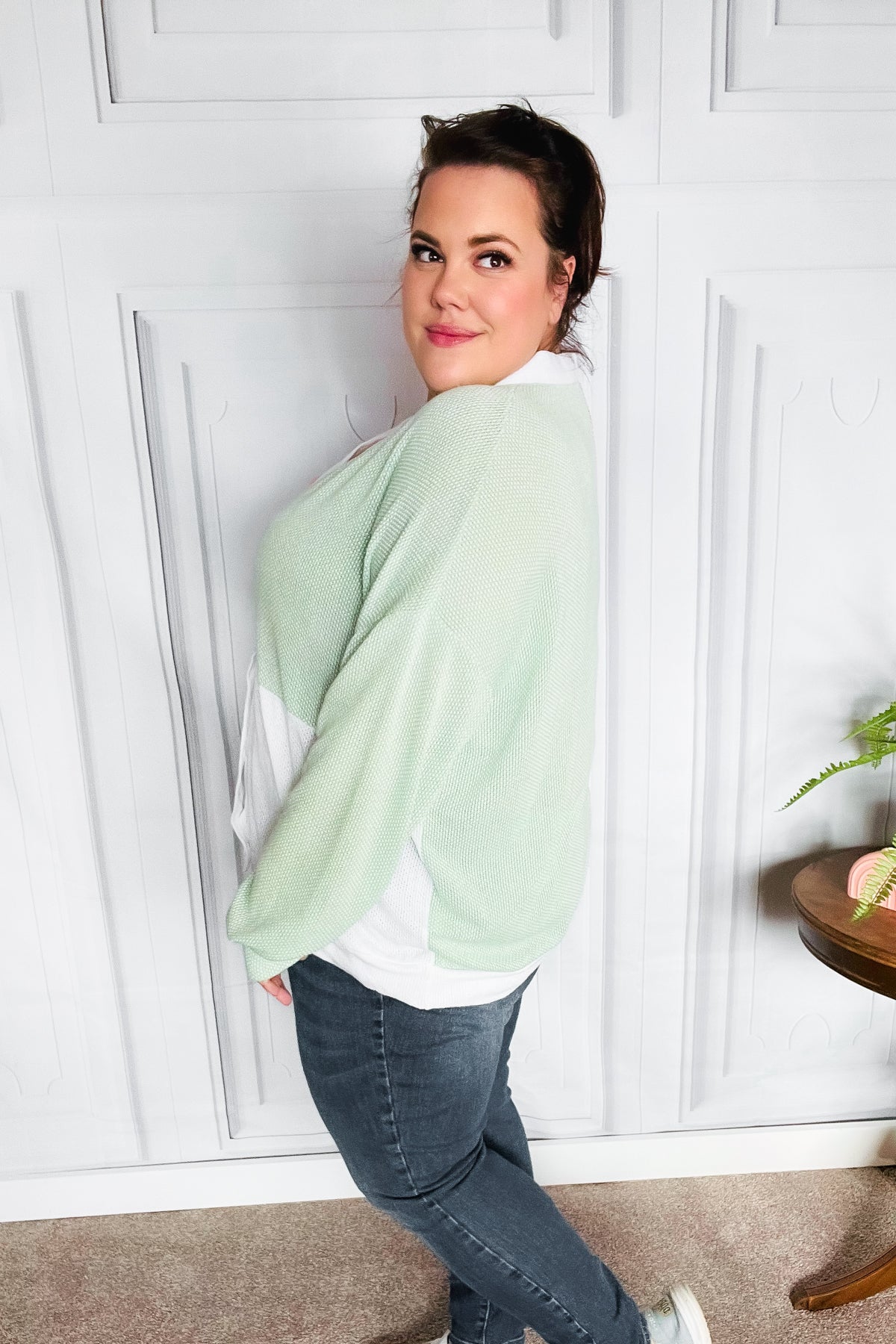 Cozy Up Coral & Sage Two Tone Jacquard Knit Color Block Cardigan