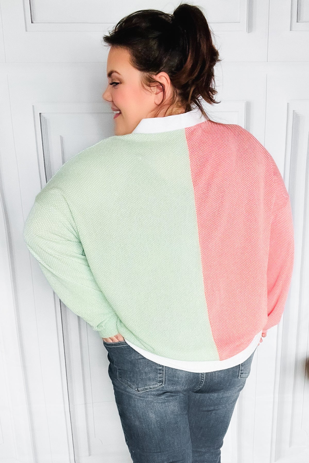 Cozy Up Coral & Sage Two Tone Jacquard Knit Color Block Cardigan