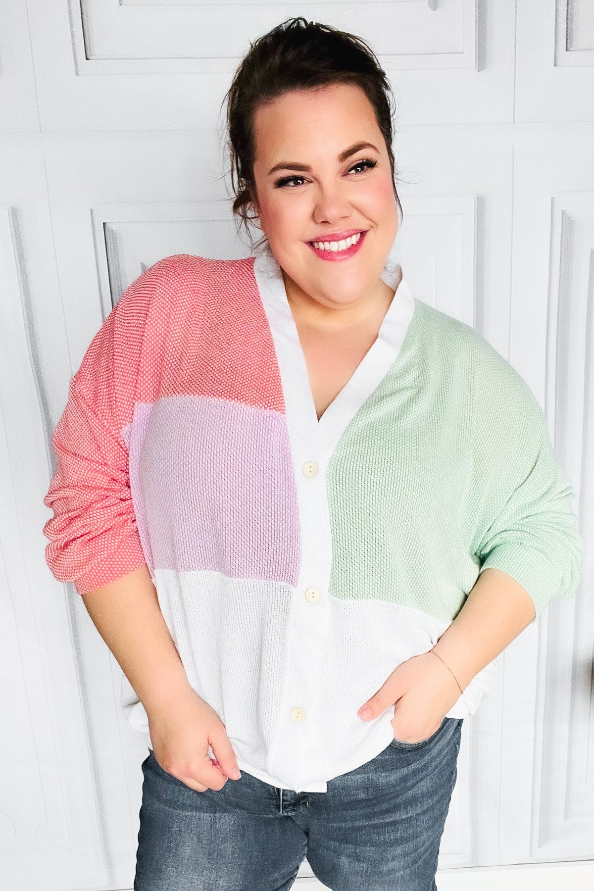 Cozy Up Coral & Sage Two Tone Jacquard Knit Color Block Cardigan