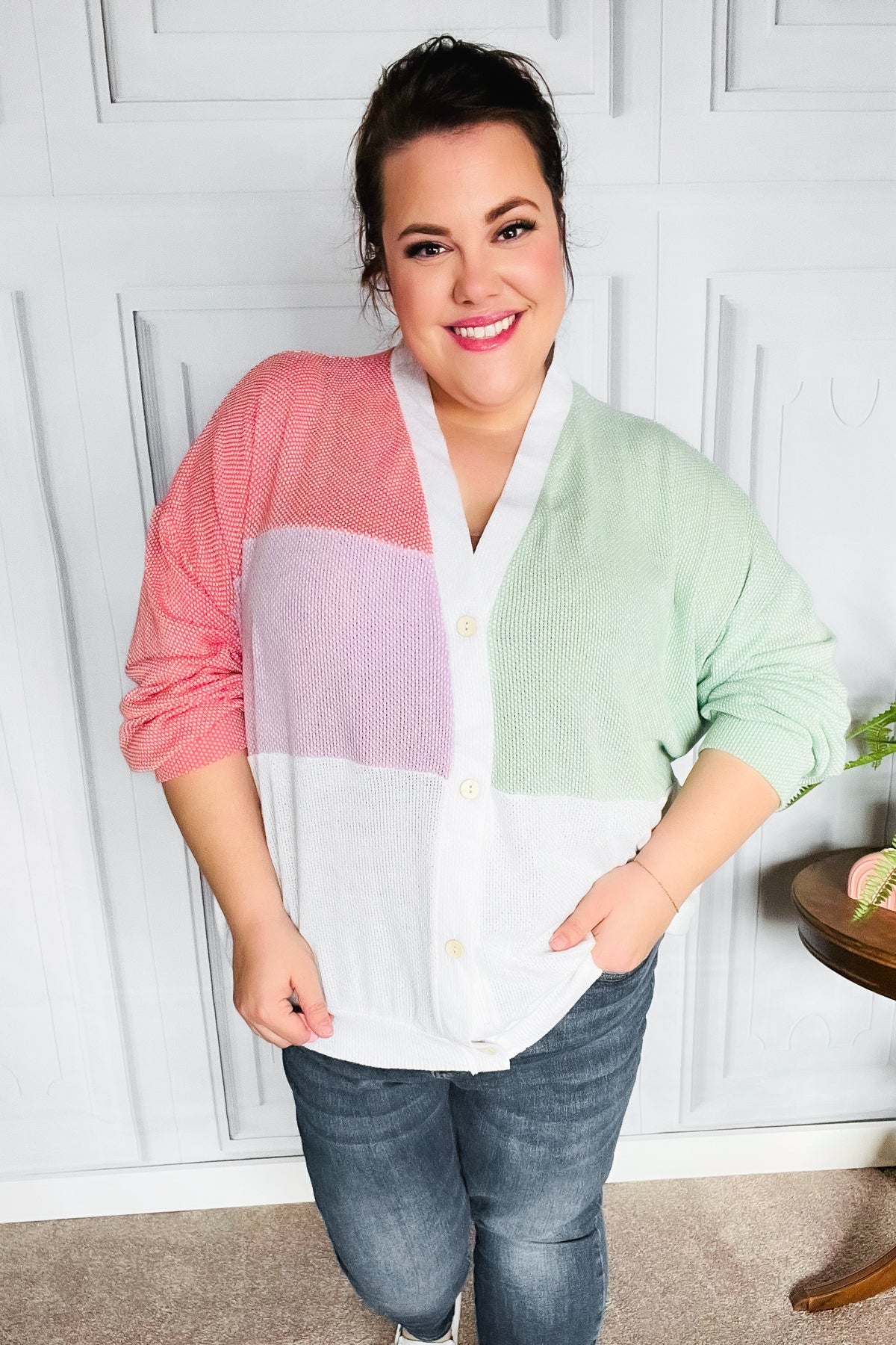 Cozy Up Coral & Sage Two Tone Jacquard Knit Color Block Cardigan
