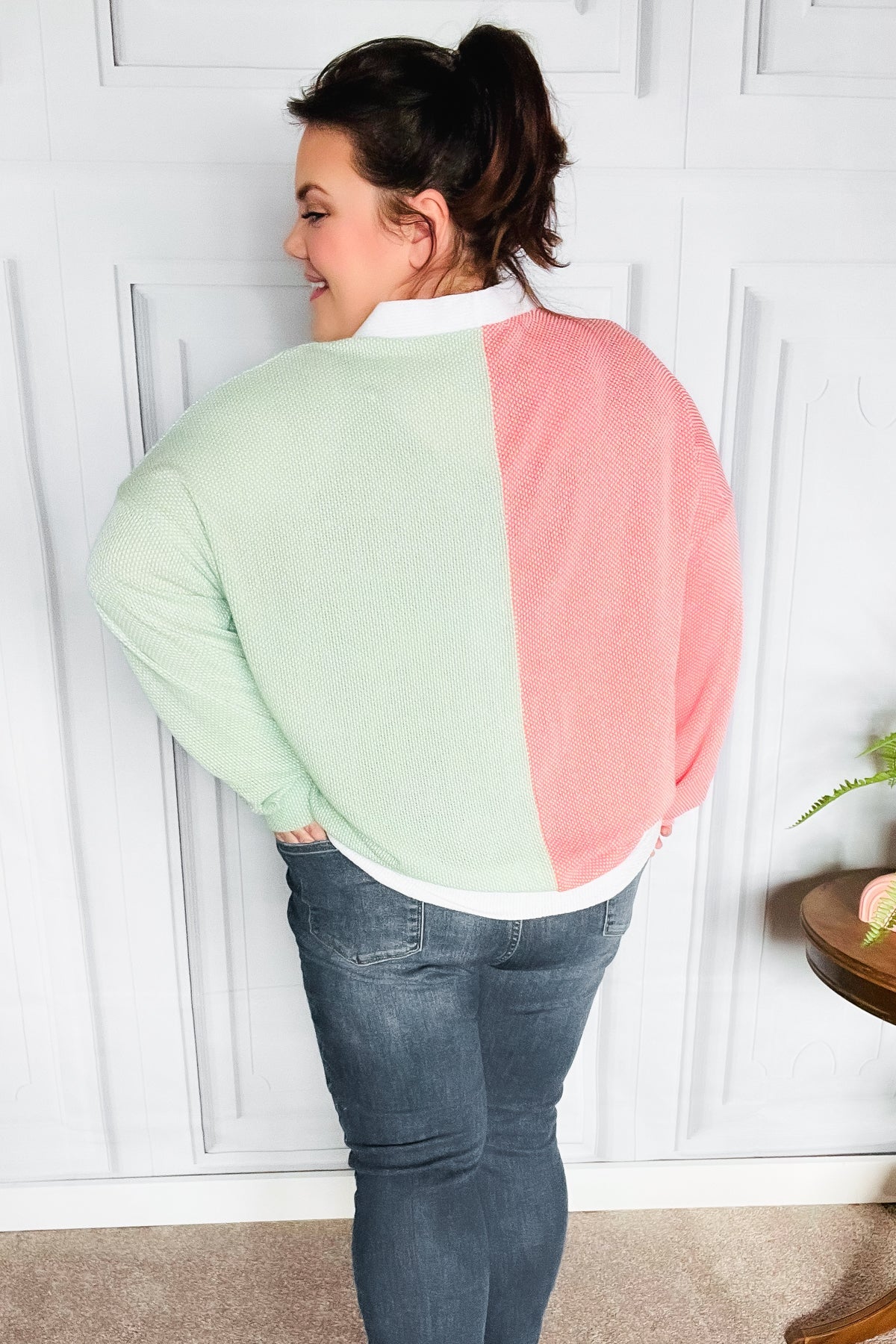 Cozy Up Coral & Sage Two Tone Jacquard Knit Color Block Cardigan