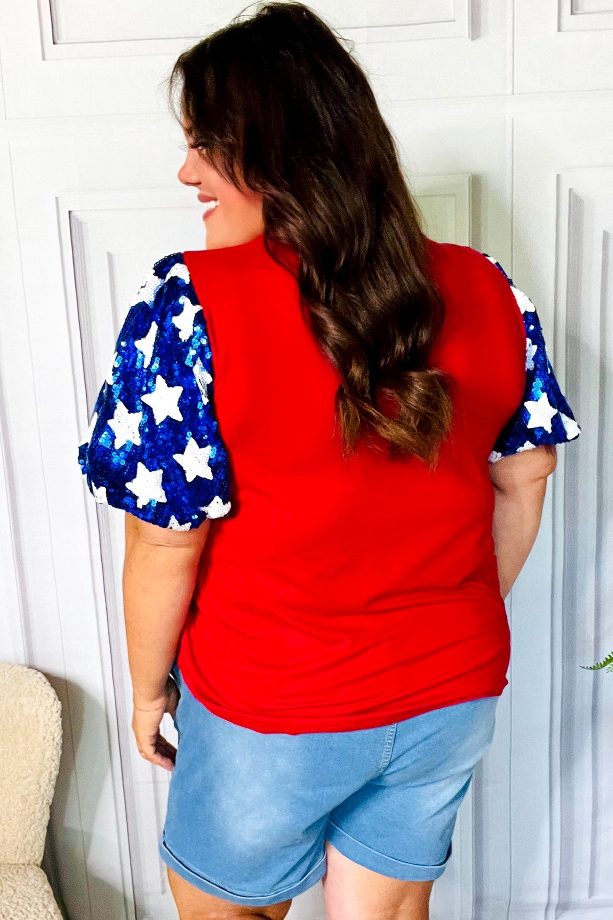 Feeling Patriotic Red & Blue Star Sequin Puff Sleeve Top